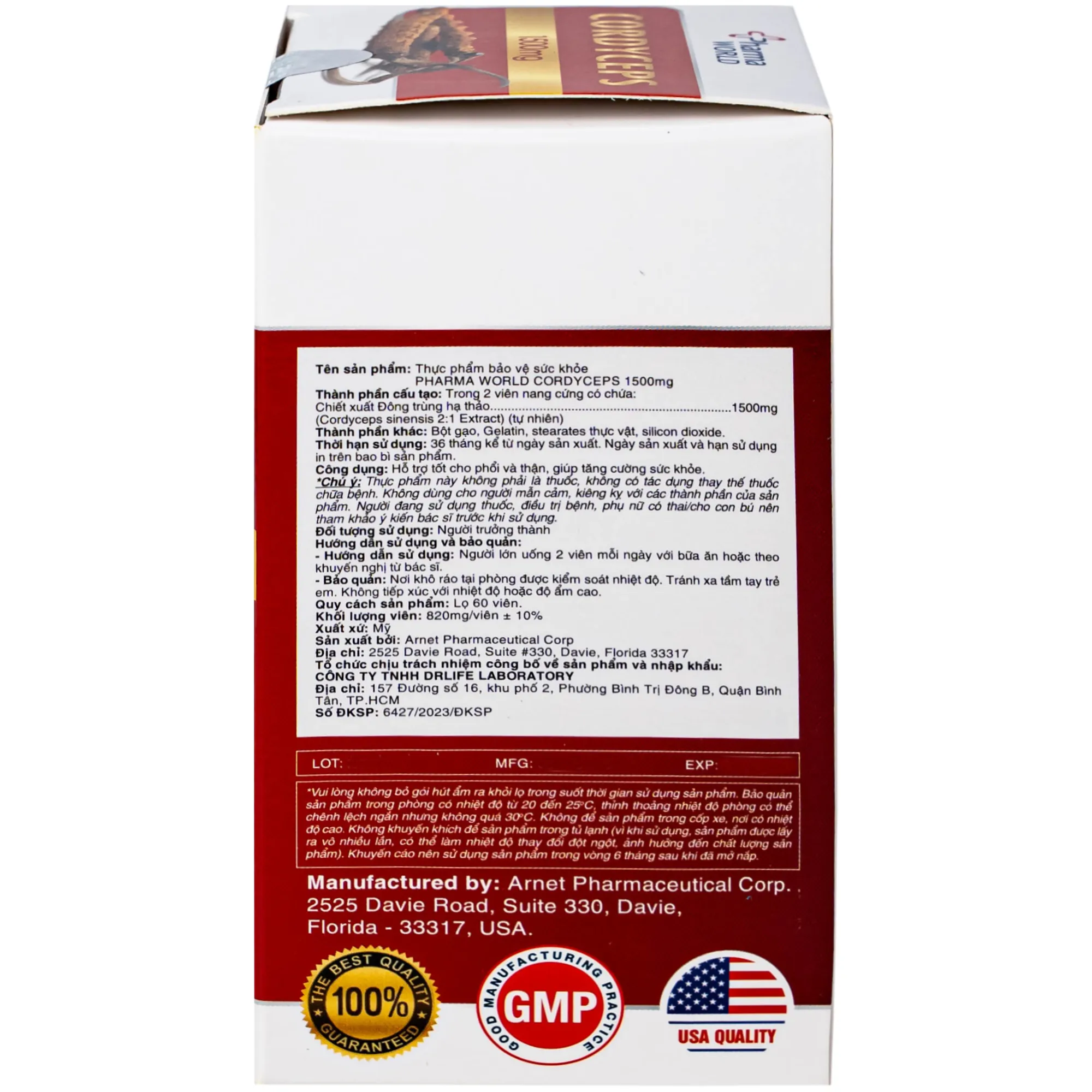 VIÊN UỐNG ĐÔNG TRÙNG HẠ THẢO PHARMA WORLD CORDYCEPS 1500MG 60V 10