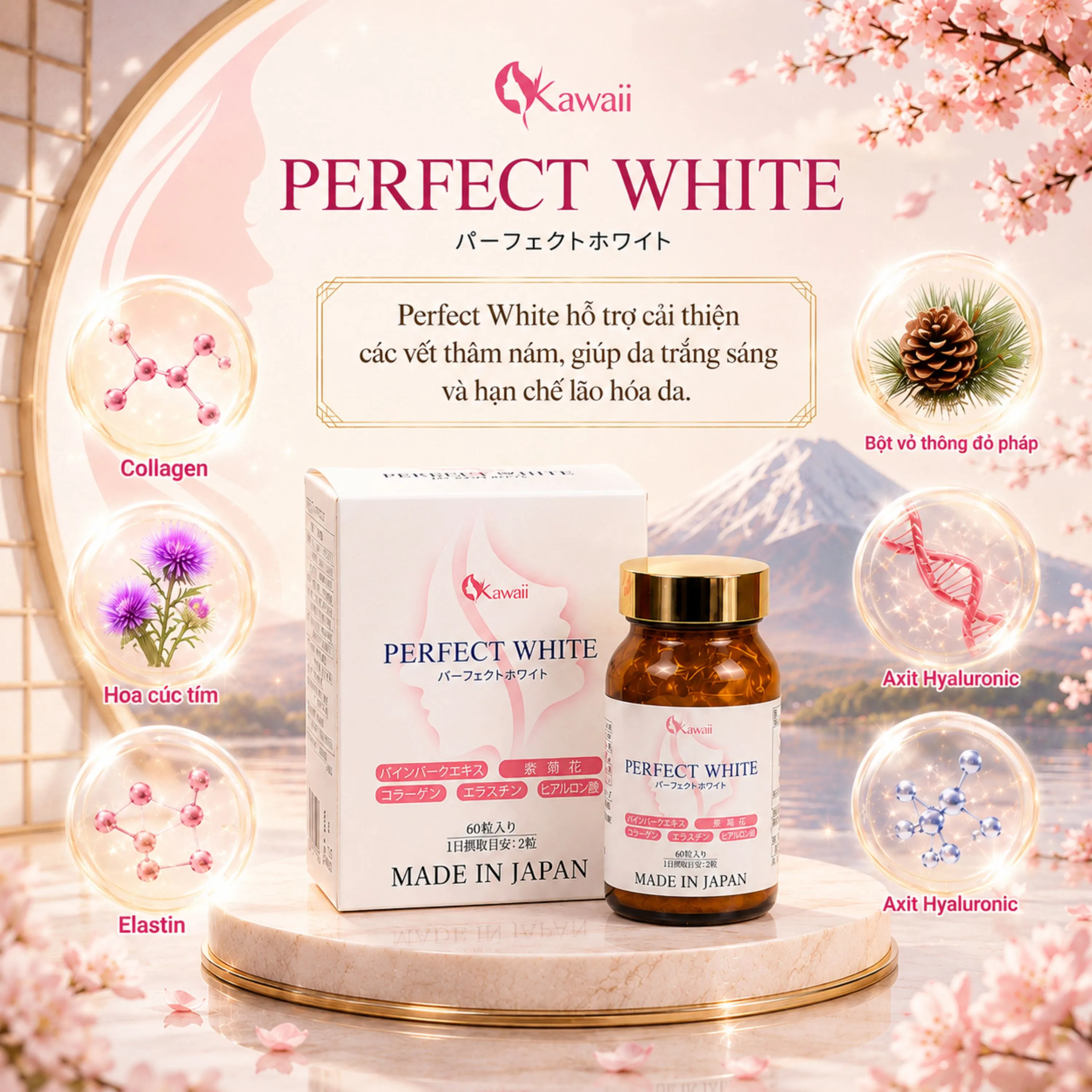 VIÊN UỐNG ĐẸP DA, CHỐNG LÃO HÓA, GIÚP DA TRẮNG SÁNG PERFECT WHITE JPANWELL 60V 2