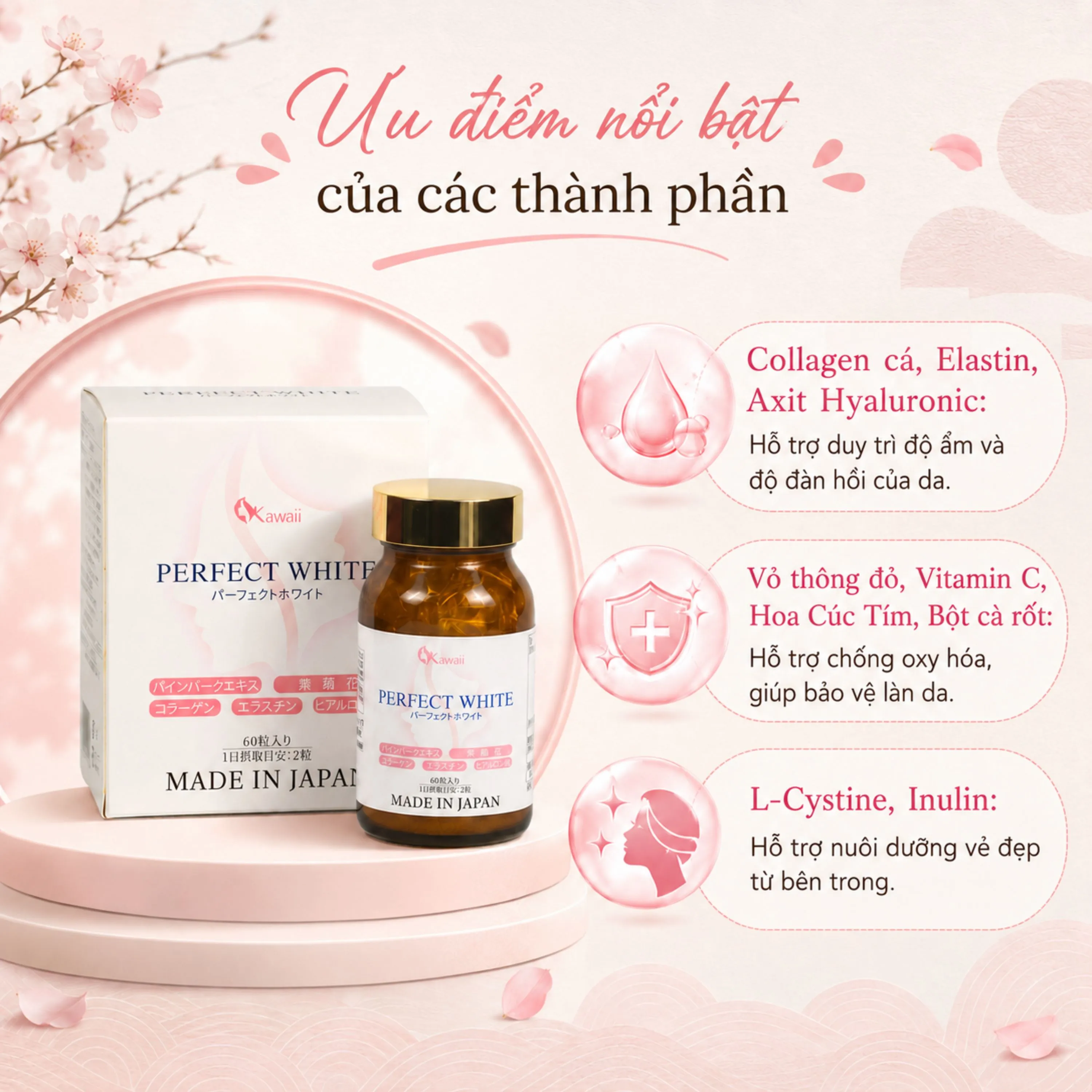 VIÊN UỐNG ĐẸP DA, CHỐNG LÃO HÓA, GIÚP DA TRẮNG SÁNG PERFECT WHITE JPANWELL 60V 3