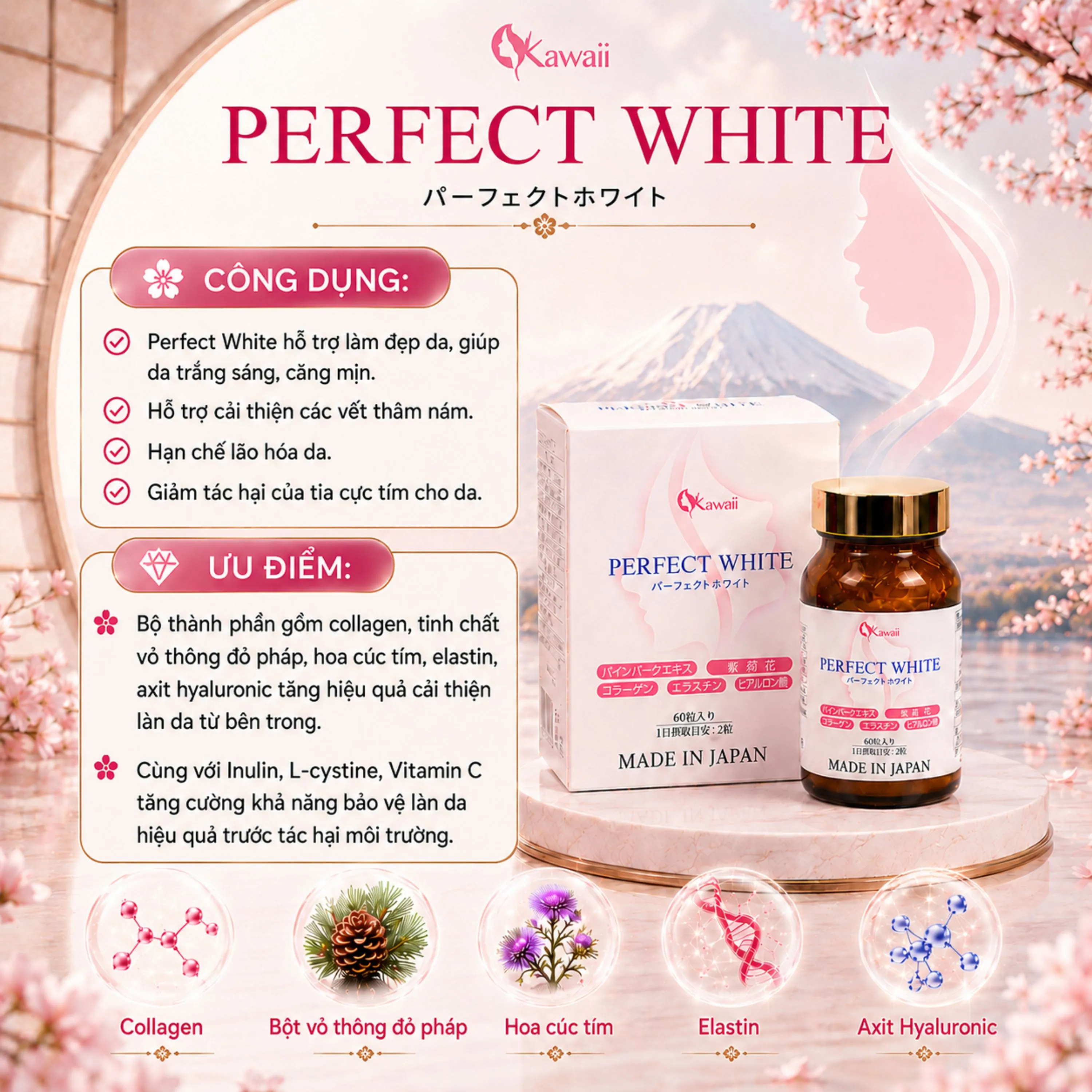 VIÊN UỐNG ĐẸP DA, CHỐNG LÃO HÓA, GIÚP DA TRẮNG SÁNG PERFECT WHITE JPANWELL 60V 4
