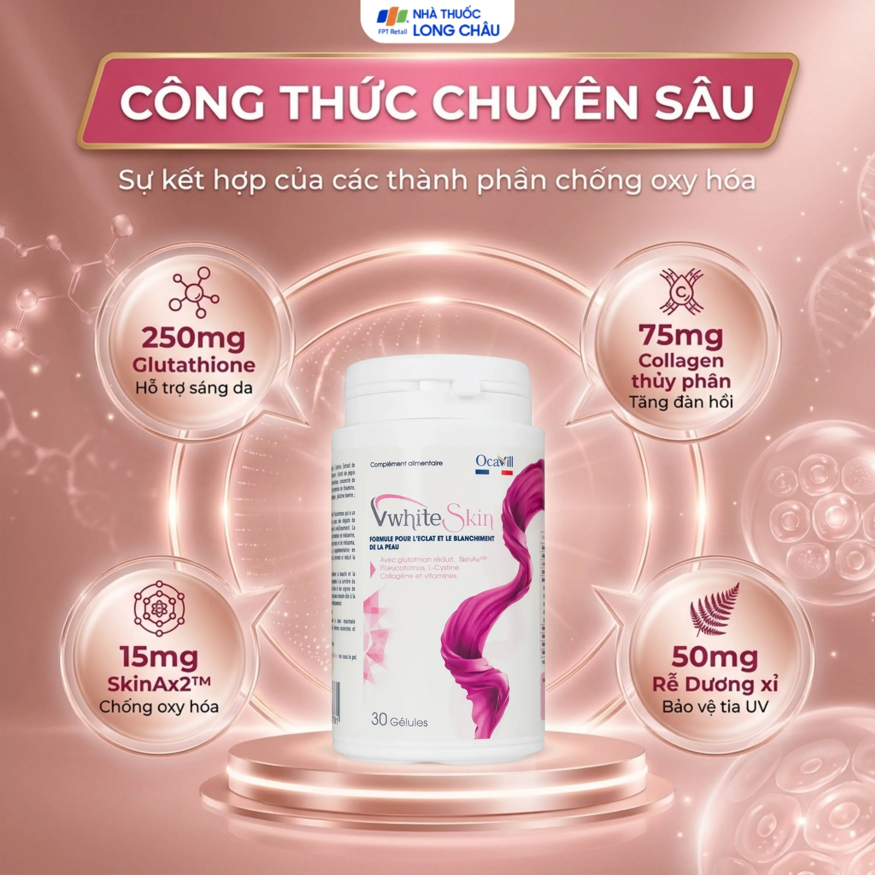 VIÊN UỐNG ĐẸP DA GIÚP TĂNG ĐÀN HỒI, GIẢM LÃO HÓA DA VWHITESKIN OCAVILL 30V 4