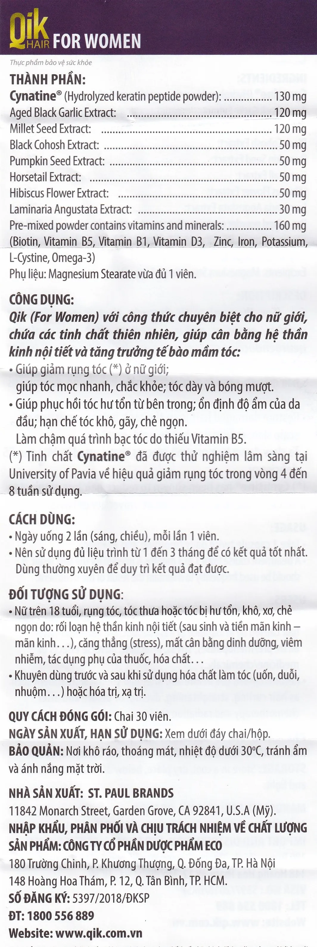 VIÊN UỐNG  GIÚP GIẢM RỤNG TÓC Ở NỮ GIỚI QIK HAIR FOR WOMEN ECOGREEN 30V 6