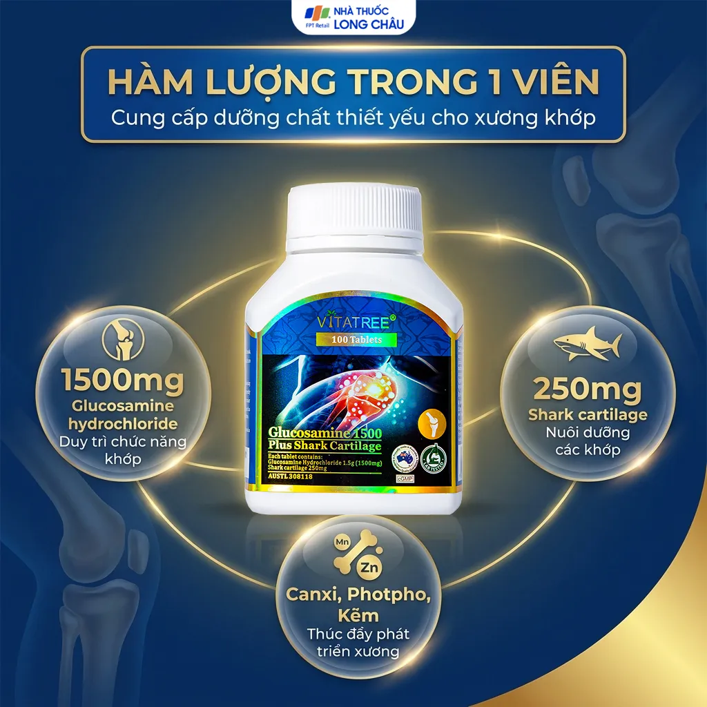 VIÊN UỐNG BỔ KHỚP VITATREE GLUCOSAMINE 1500 PLUS SHARK CARTILAGE 100V 4