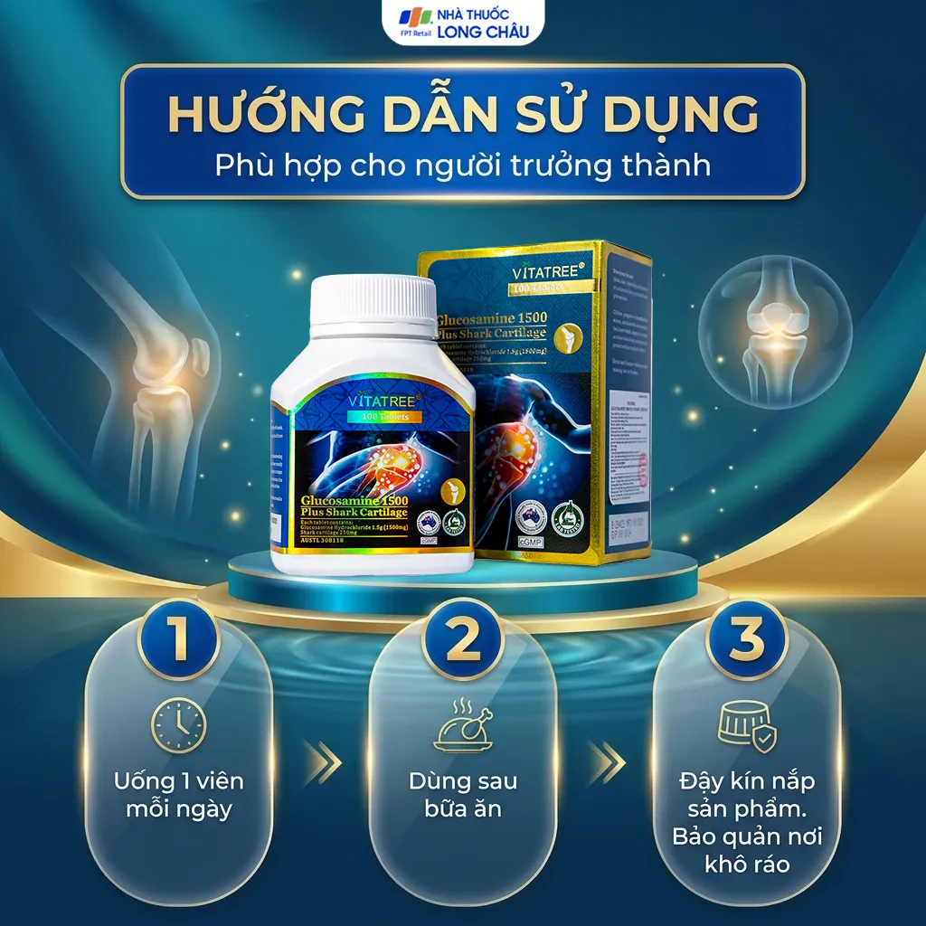 VIÊN UỐNG BỔ KHỚP VITATREE GLUCOSAMINE 1500 PLUS SHARK CARTILAGE 100V 5