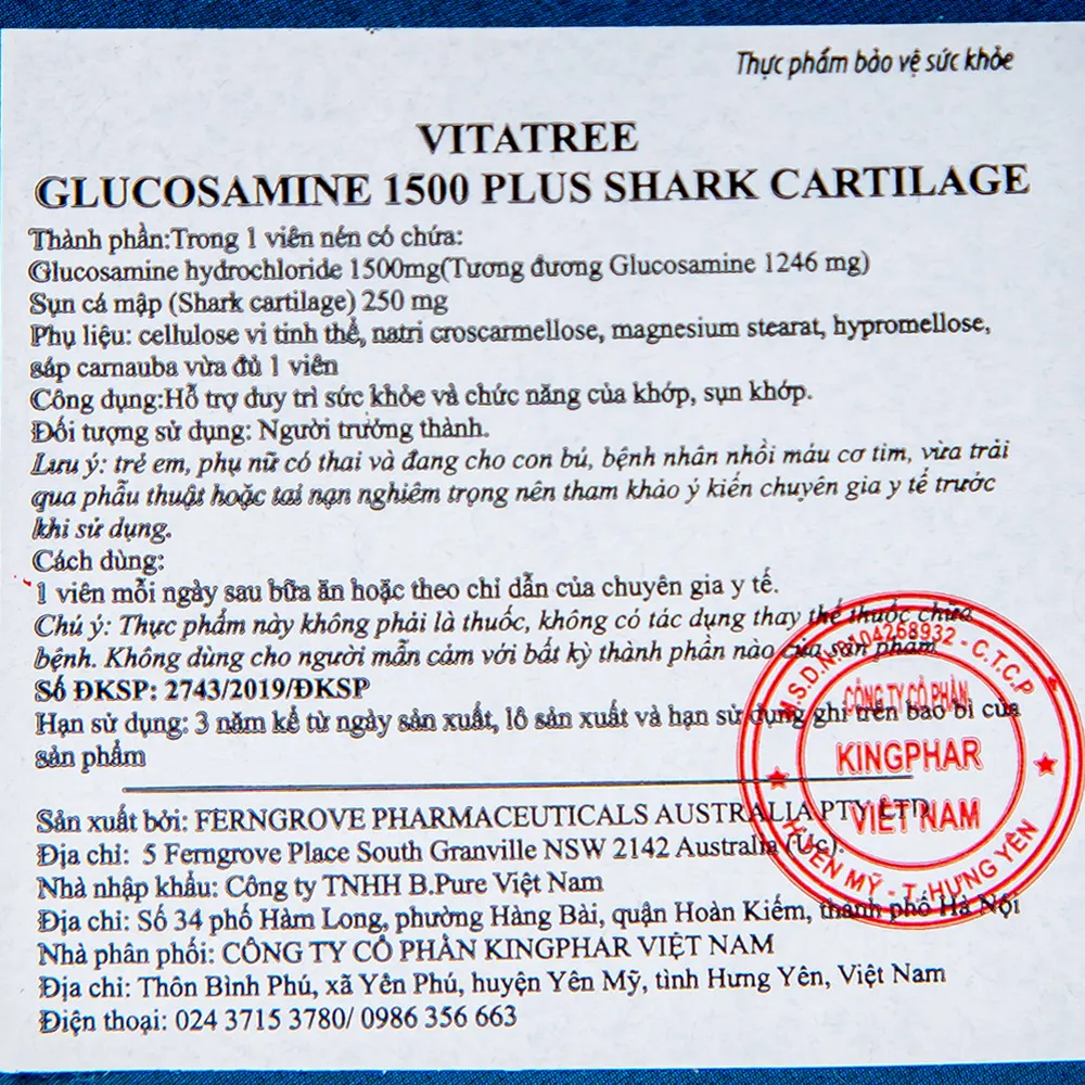 VIÊN UỐNG BỔ KHỚP VITATREE GLUCOSAMINE 1500 PLUS SHARK CARTILAGE 100V 6