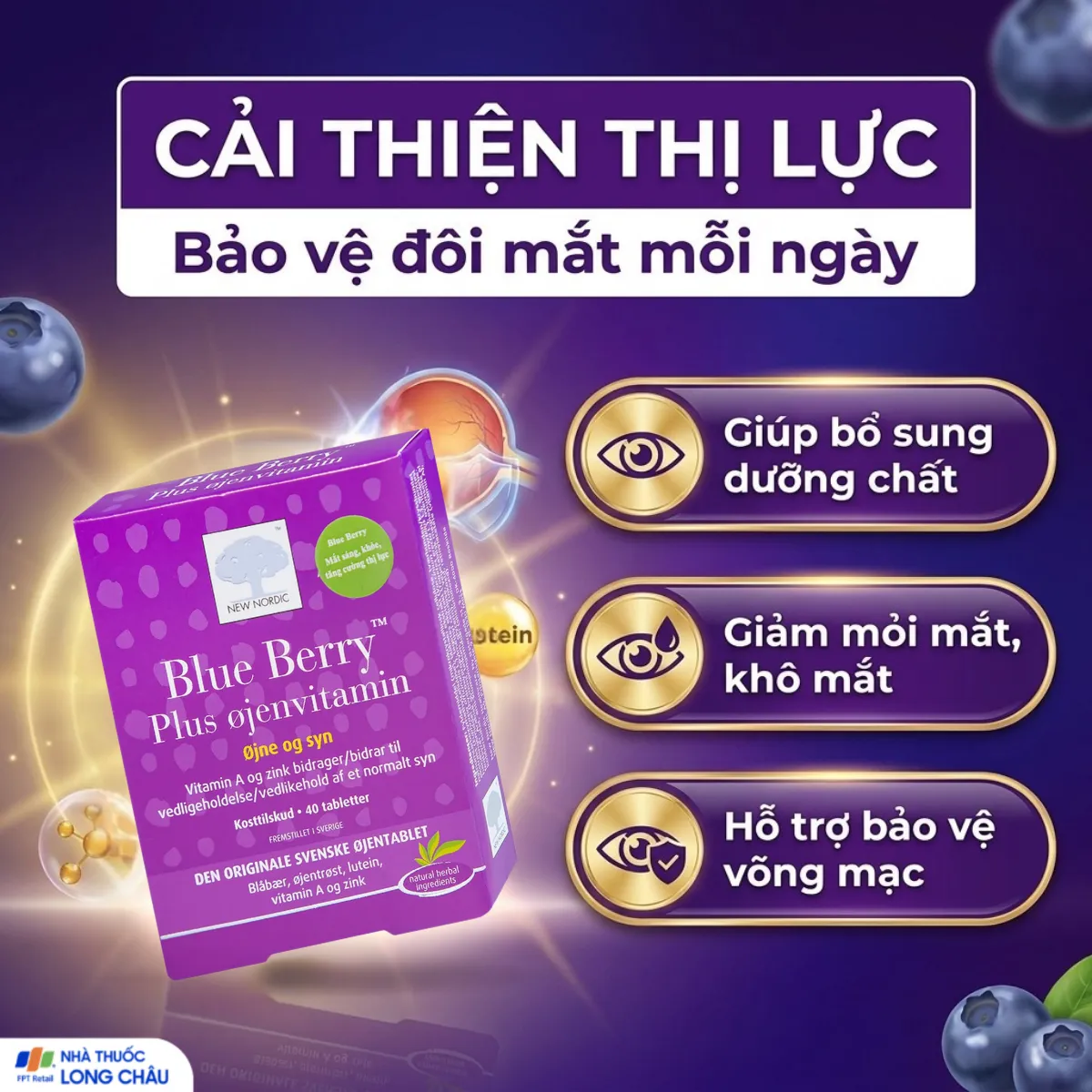 VIÊN UỐNG BỔ MẮT, CẢI THIỆN THỊ LỰC BLUE BERRY PLUS OJENVITAMIN NEW NORDIC 2X20 3