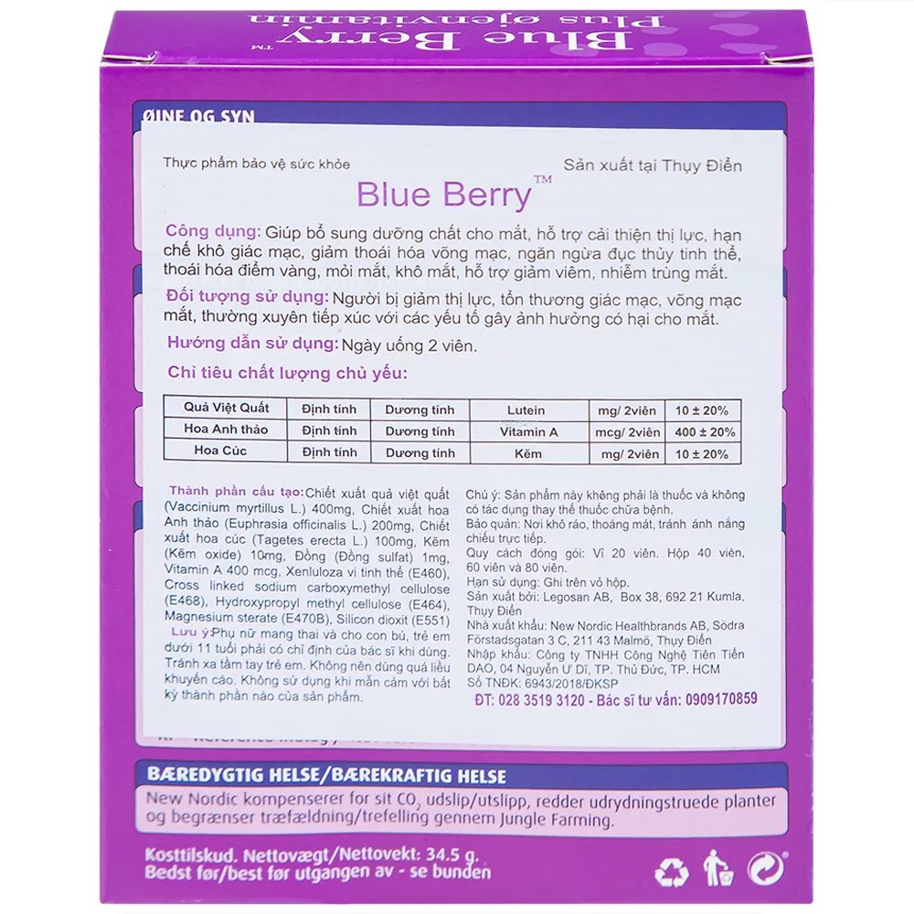 VIÊN UỐNG BỔ MẮT, CẢI THIỆN THỊ LỰC BLUE BERRY PLUS OJENVITAMIN NEW NORDIC 2X20 9