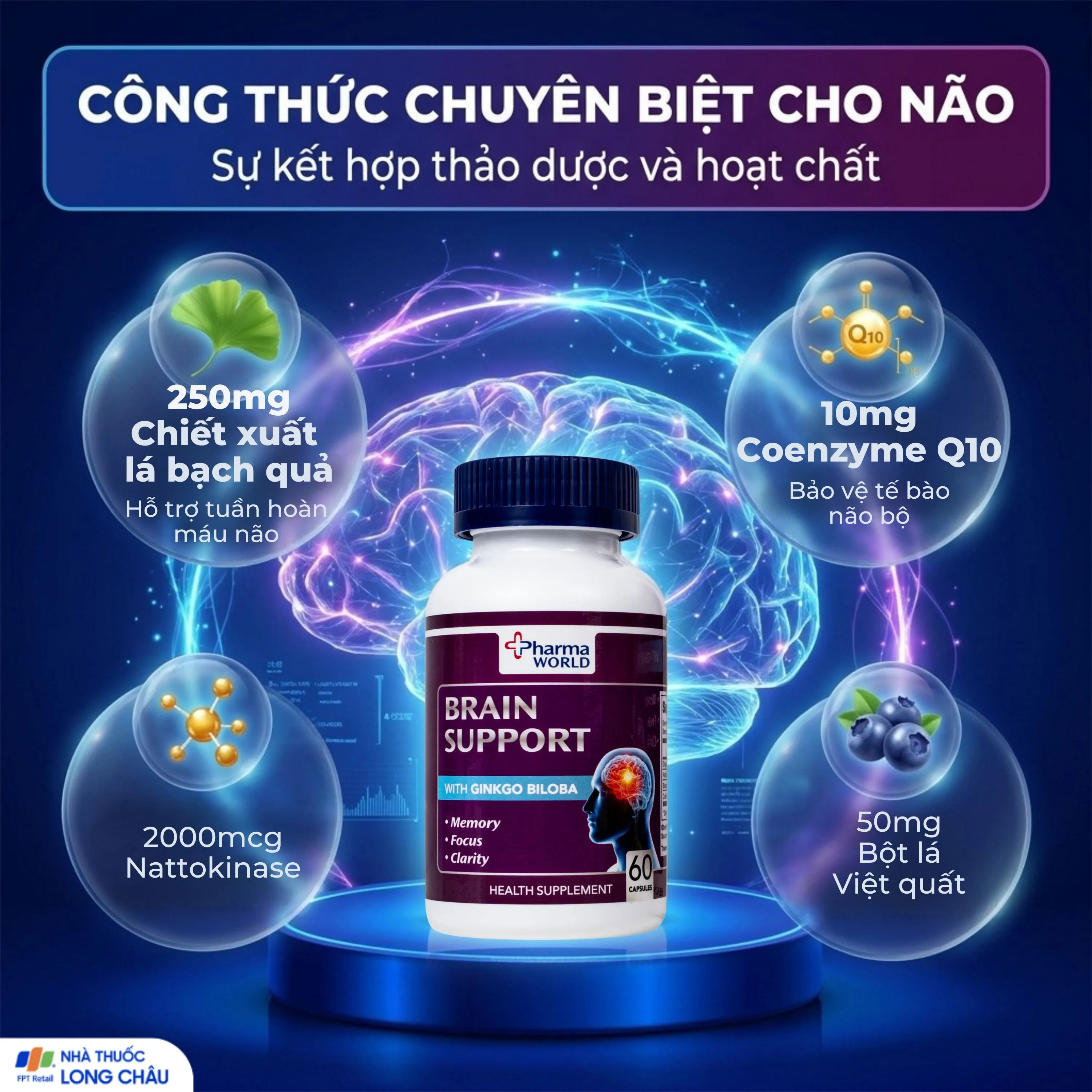 VIÊN UỐNG BỔ NÃO PHARMA WORLD BRAIN SUPPORT 60V 3