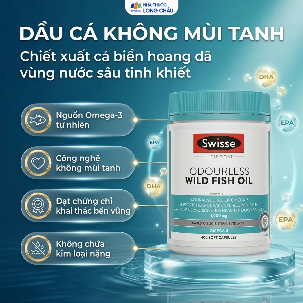 VIÊN UỐNG BỔ NÃO SWISSE ULTIBOOST ODOURLESS WILD FISH OIL 1000MG 400V 2