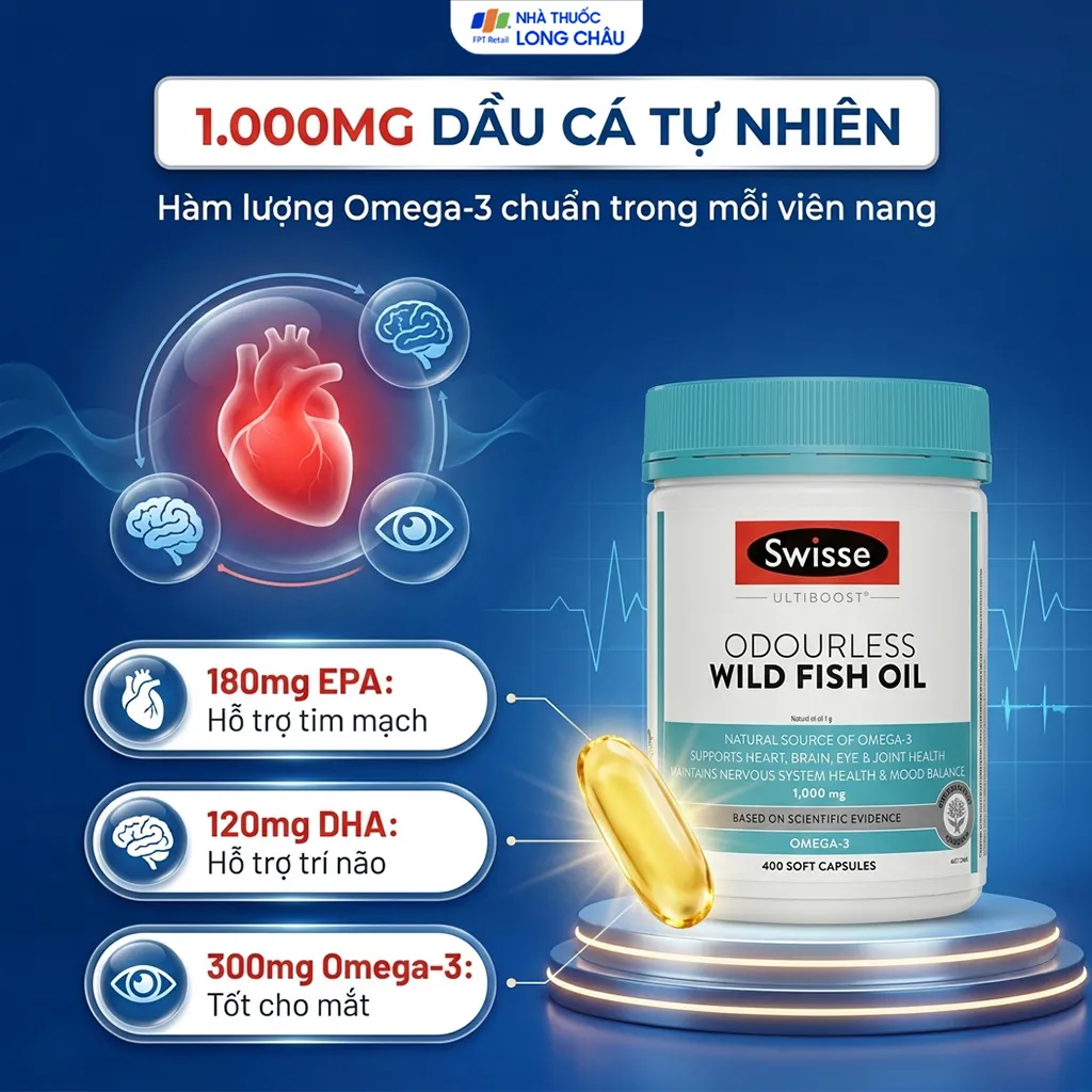 VIÊN UỐNG BỔ NÃO SWISSE ULTIBOOST ODOURLESS WILD FISH OIL 1000MG 400V 3