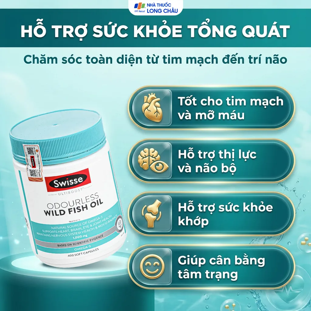 VIÊN UỐNG BỔ NÃO SWISSE ULTIBOOST ODOURLESS WILD FISH OIL 1000MG 400V 4