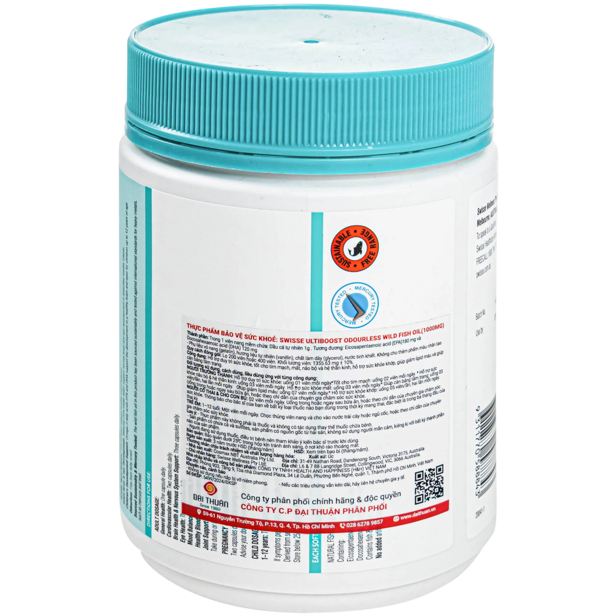VIÊN UỐNG BỔ NÃO SWISSE ULTIBOOST ODOURLESS WILD FISH OIL 1000MG 400V 6