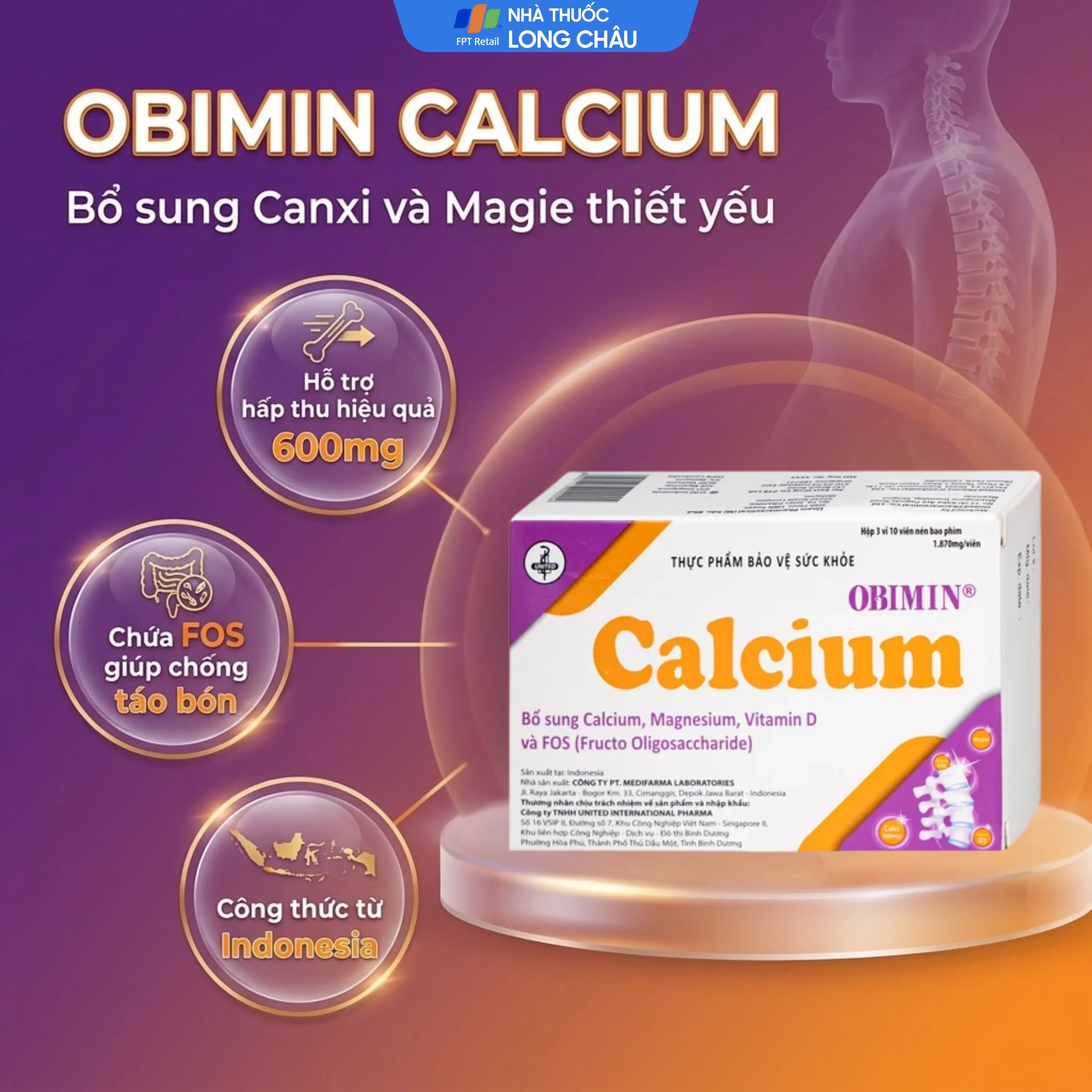 VIÊN UỐNG BỔ SUNG CALCI, MAGNE OBIMIN CALCIUM UNITED 3X10 2