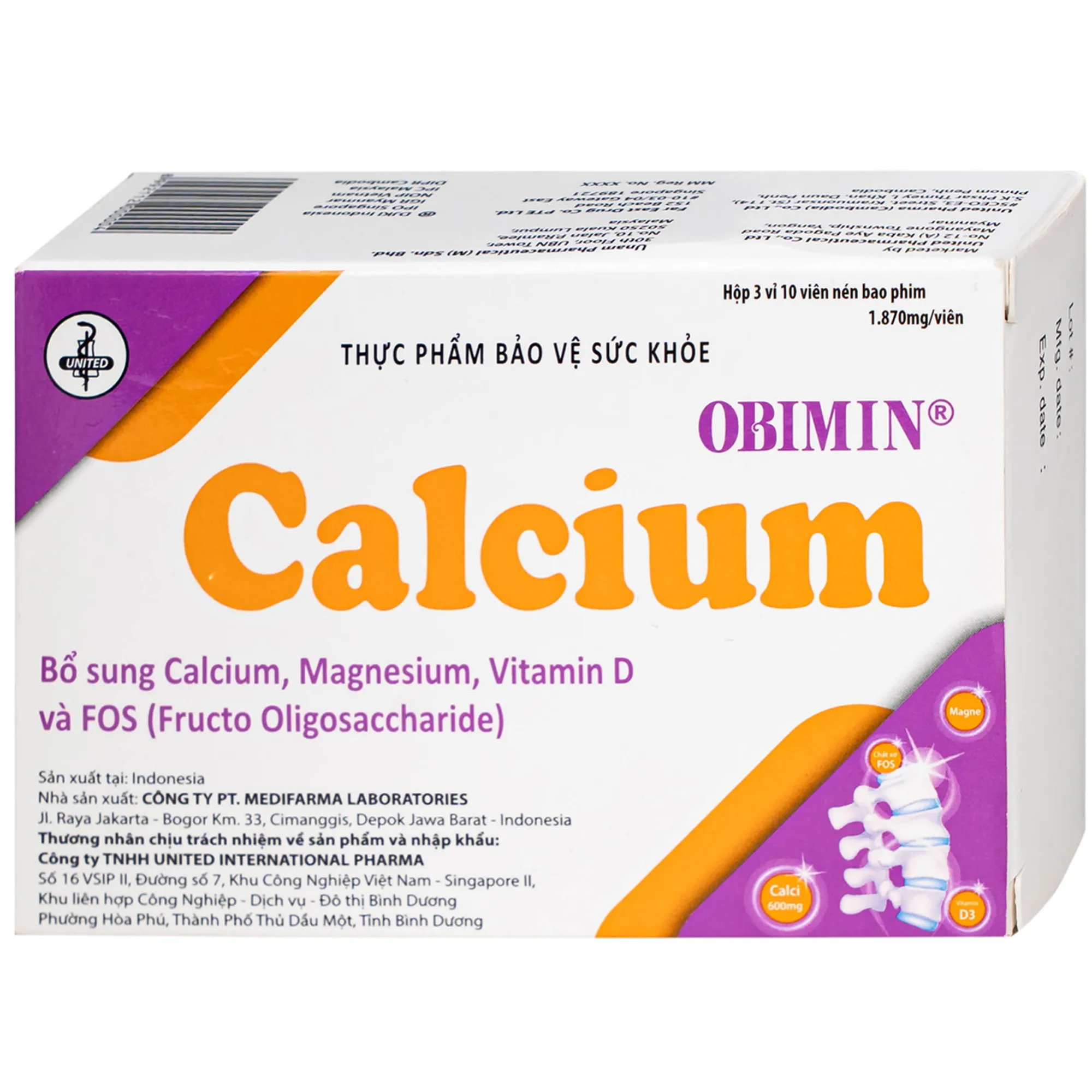 VIÊN UỐNG BỔ SUNG CALCI, MAGNE OBIMIN CALCIUM UNITED 3X10 5
