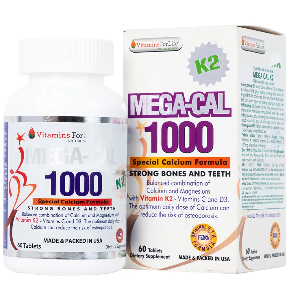 VIÊN UỐNG BỔ SUNG CALCI MEGA-CAL 1000 K2 VITAMINS FOR LIFE 60V