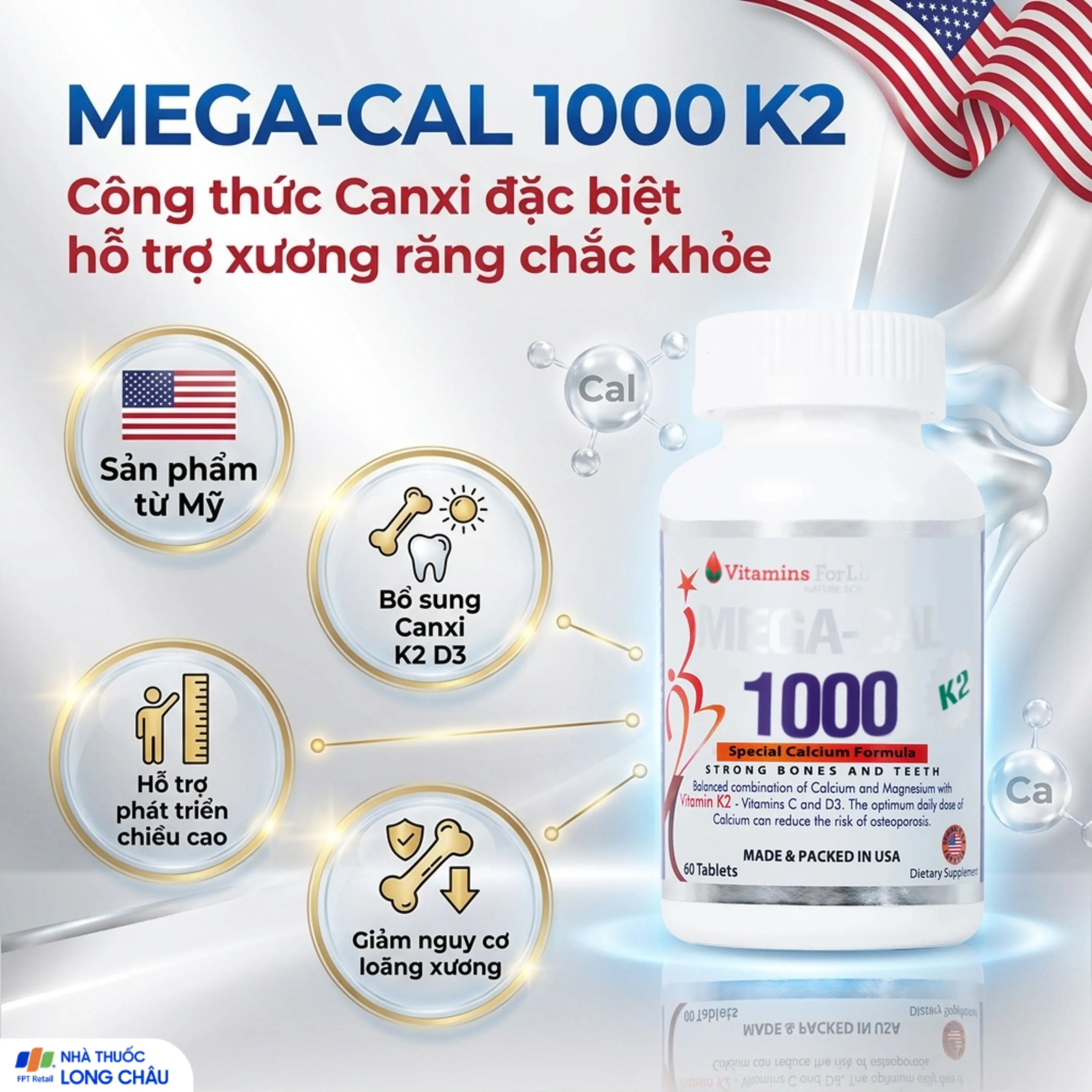 VIÊN UỐNG BỔ SUNG CALCI MEGA-CAL 1000 K2 VITAMINS FOR LIFE 60V 2