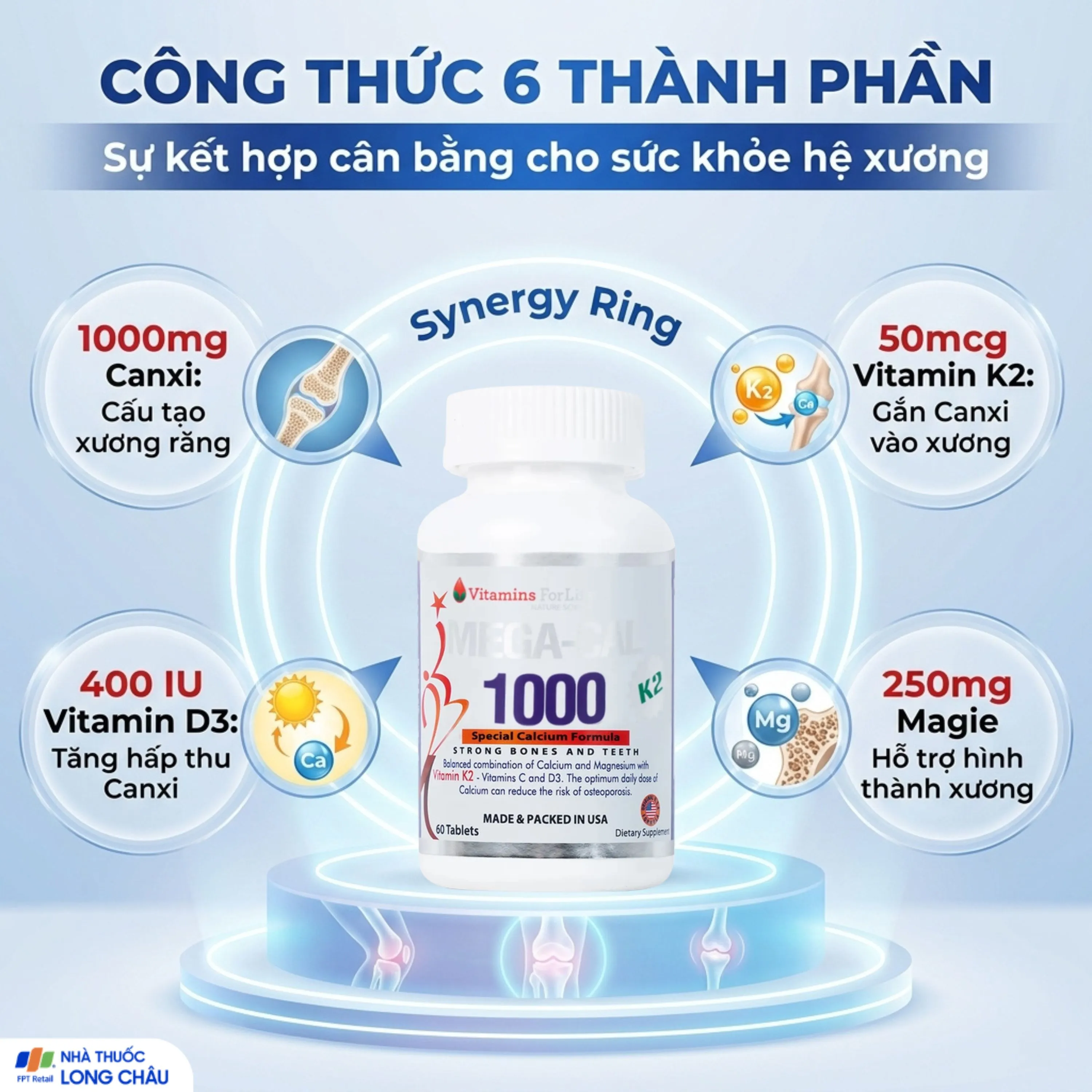 VIÊN UỐNG BỔ SUNG CALCI MEGA-CAL 1000 K2 VITAMINS FOR LIFE 60V 3