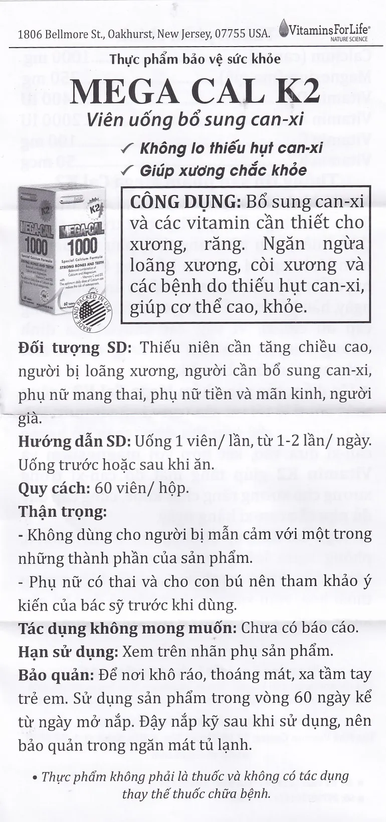 VIÊN UỐNG BỔ SUNG CALCI MEGA-CAL 1000 K2 VITAMINS FOR LIFE 60V 14