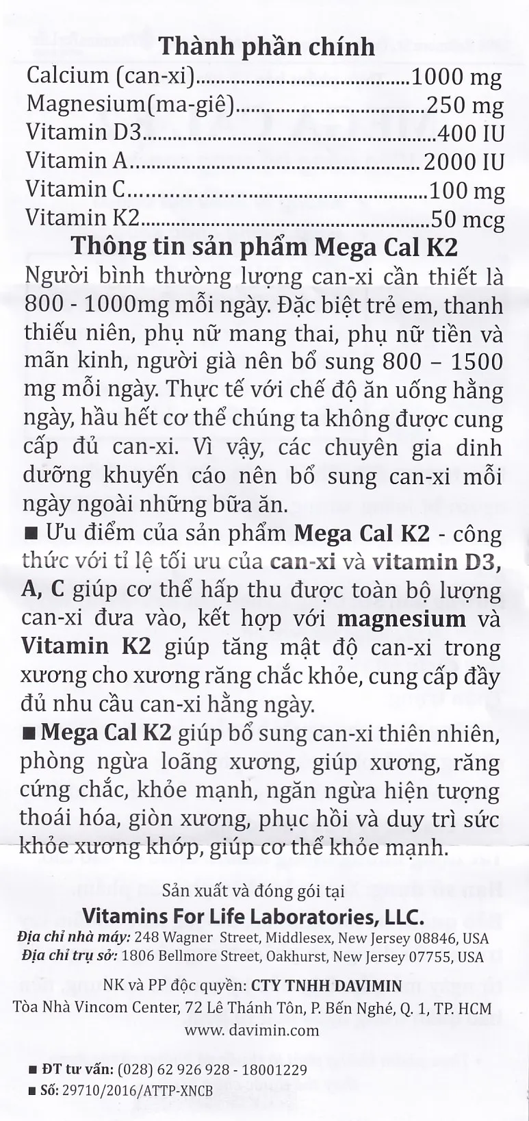 VIÊN UỐNG BỔ SUNG CALCI MEGA-CAL 1000 K2 VITAMINS FOR LIFE 60V 15