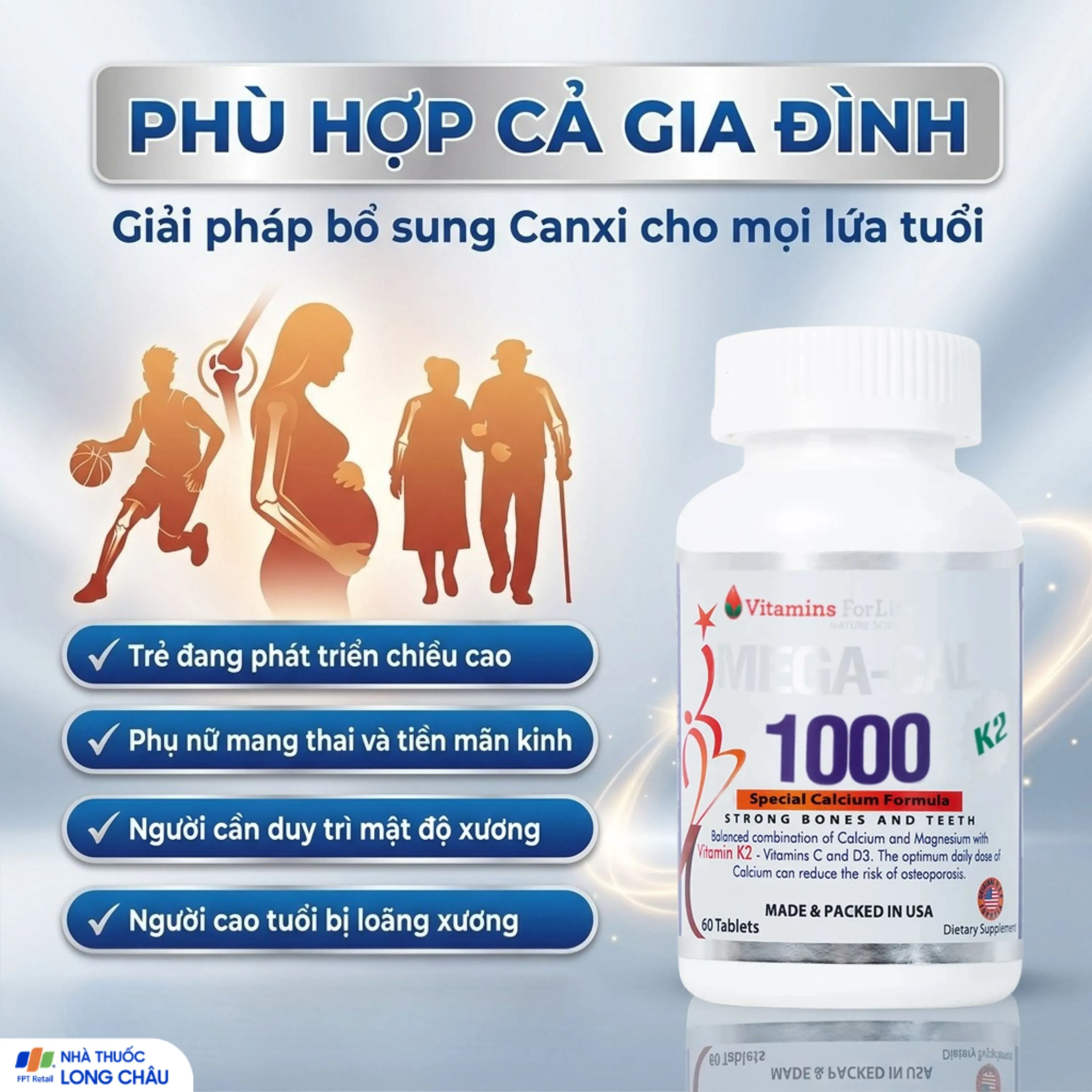 VIÊN UỐNG BỔ SUNG CALCI MEGA-CAL 1000 K2 VITAMINS FOR LIFE 60V 4