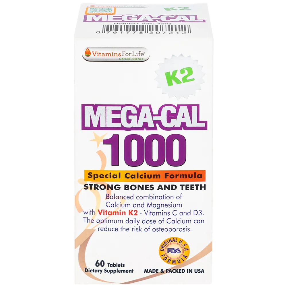 VIÊN UỐNG BỔ SUNG CALCI MEGA-CAL 1000 K2 VITAMINS FOR LIFE 60V 7