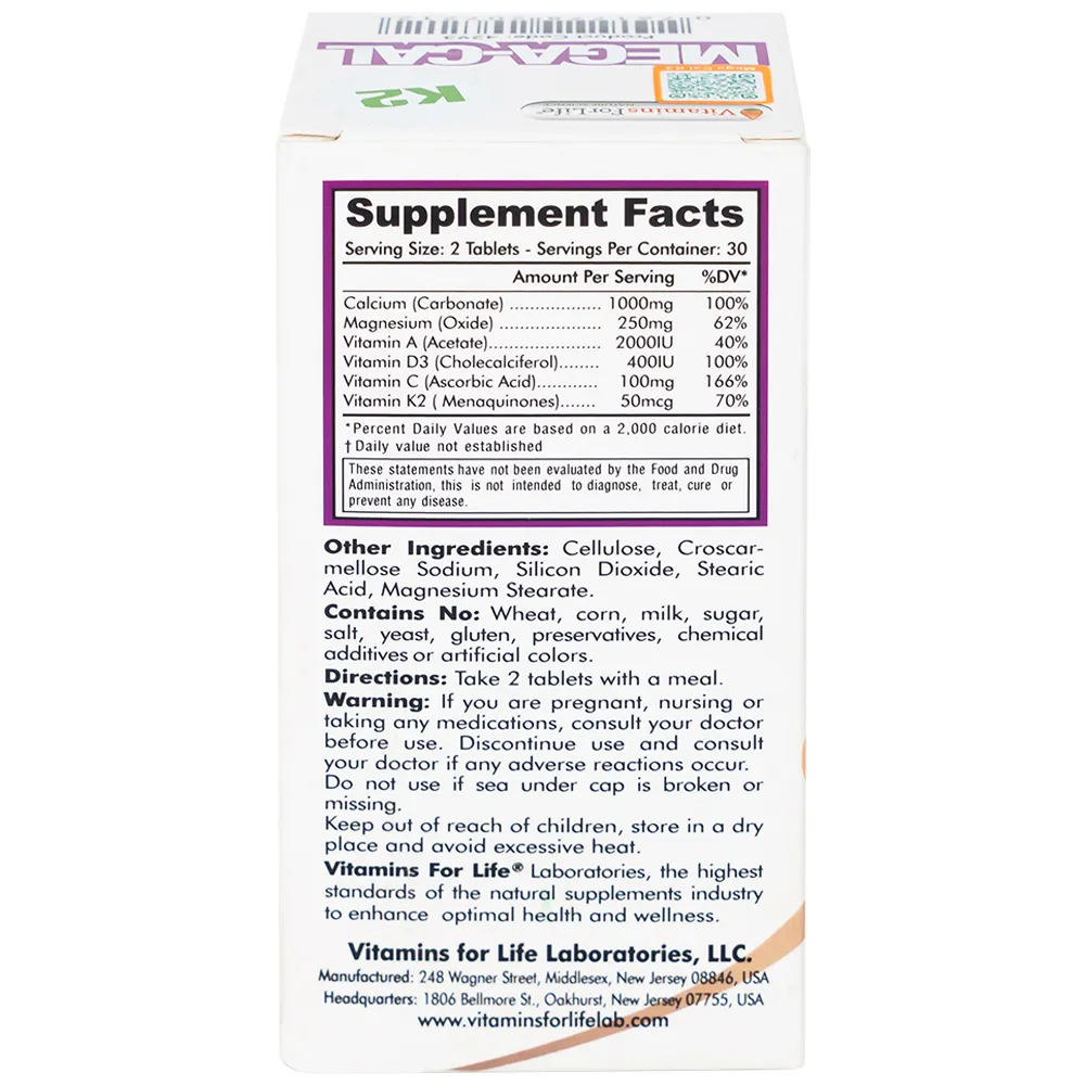 VIÊN UỐNG BỔ SUNG CALCI MEGA-CAL 1000 K2 VITAMINS FOR LIFE 60V 9