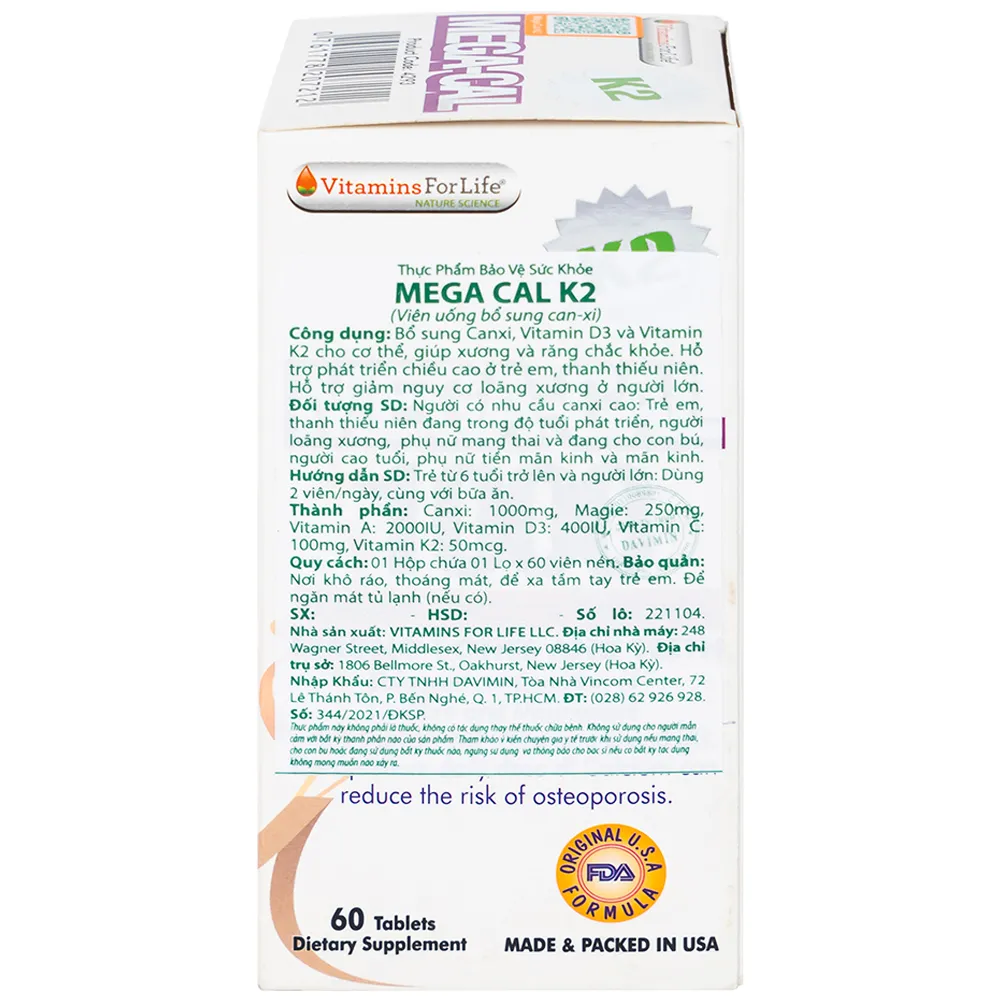 VIÊN UỐNG BỔ SUNG CALCI MEGA-CAL 1000 K2 VITAMINS FOR LIFE 60V 10