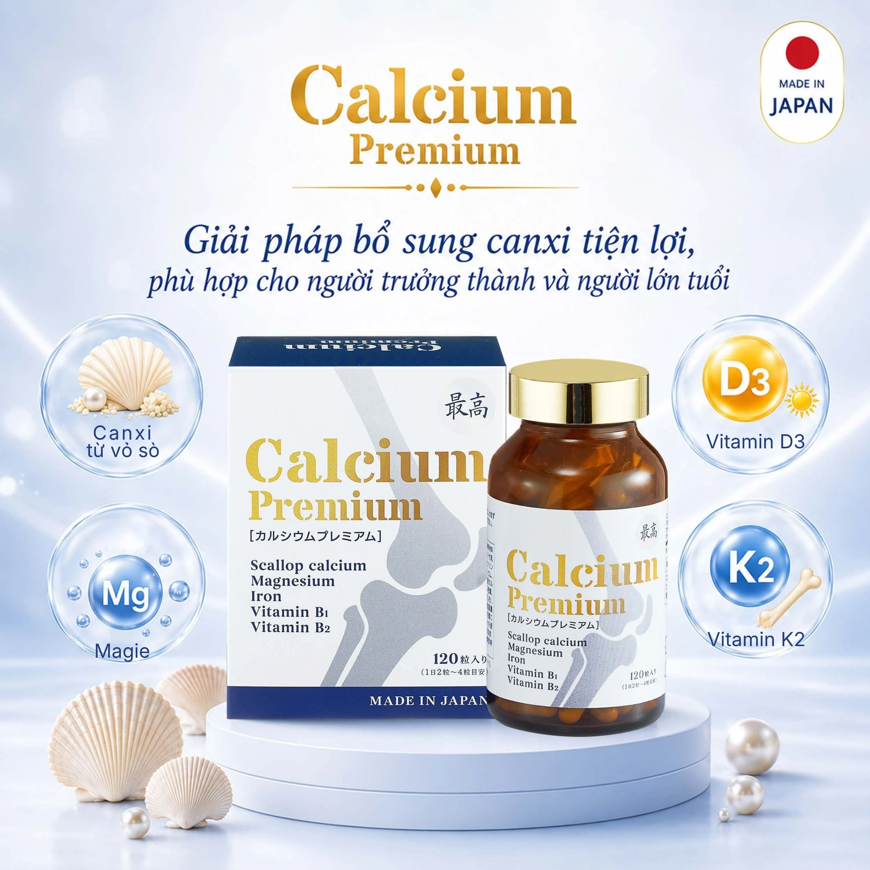 VIÊN UỐNG BỔ SUNG CANXI, GIẢM NGUY CƠ LOÃNG XƯƠNG CALCIUM PREMIUM JPANWELL 120V 2