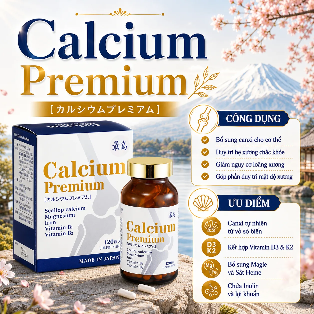 VIÊN UỐNG BỔ SUNG CANXI, GIẢM NGUY CƠ LOÃNG XƯƠNG CALCIUM PREMIUM JPANWELL 120V 4