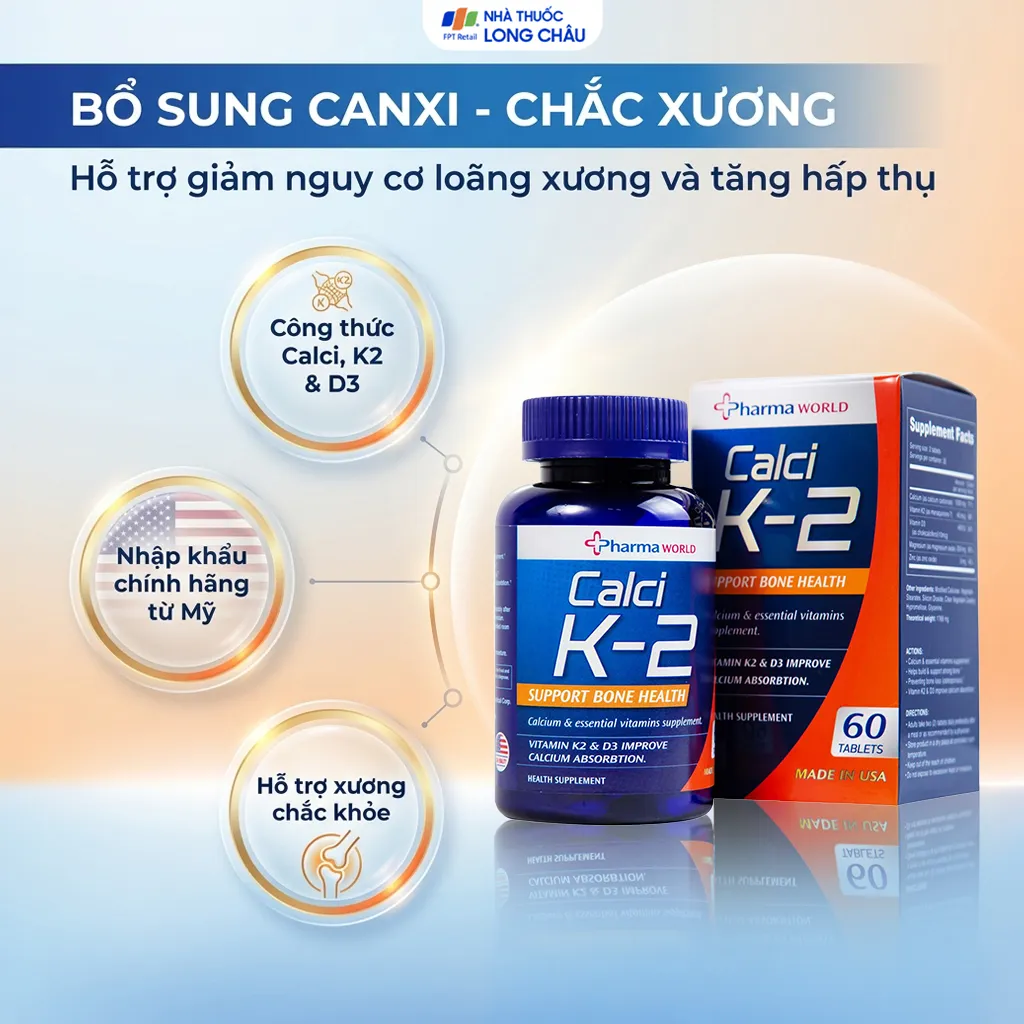 VIÊN UỐNG BỔ SUNG CANXI, GIẢM NGUY CƠ LOÃNG XƯƠNG PHARMA WORLD CALCI K-2 60V 2