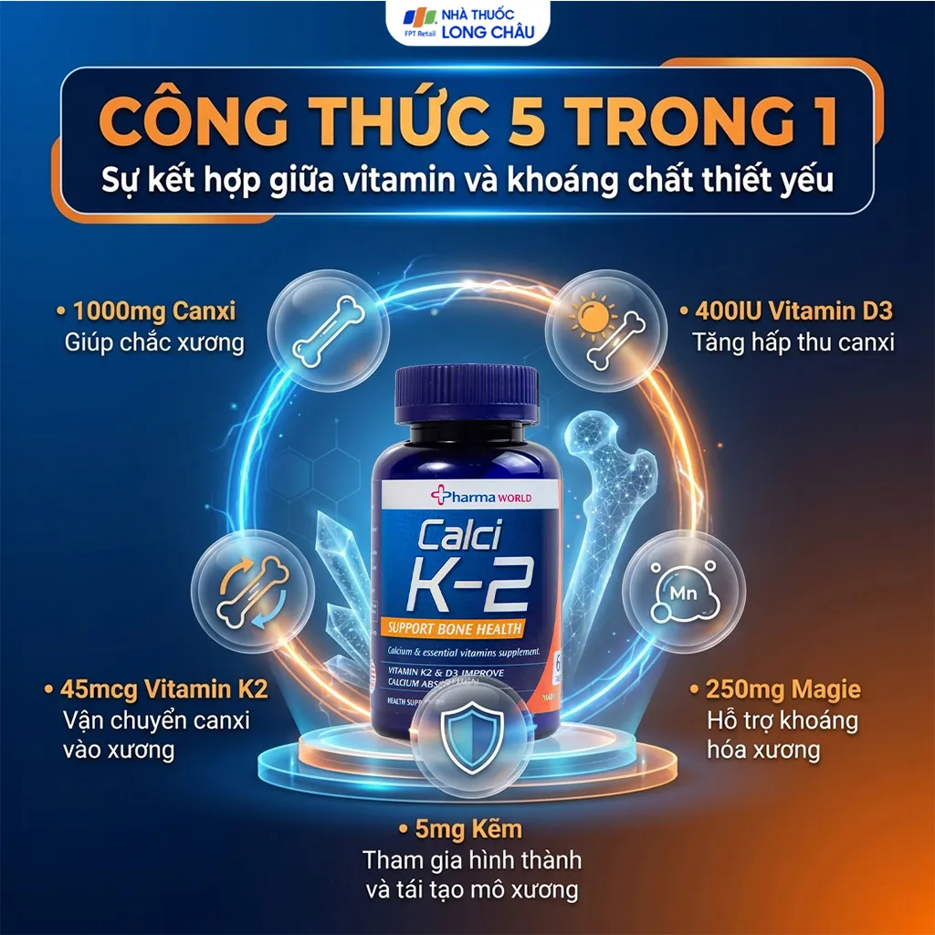VIÊN UỐNG BỔ SUNG CANXI, GIẢM NGUY CƠ LOÃNG XƯƠNG PHARMA WORLD CALCI K-2 60V 3