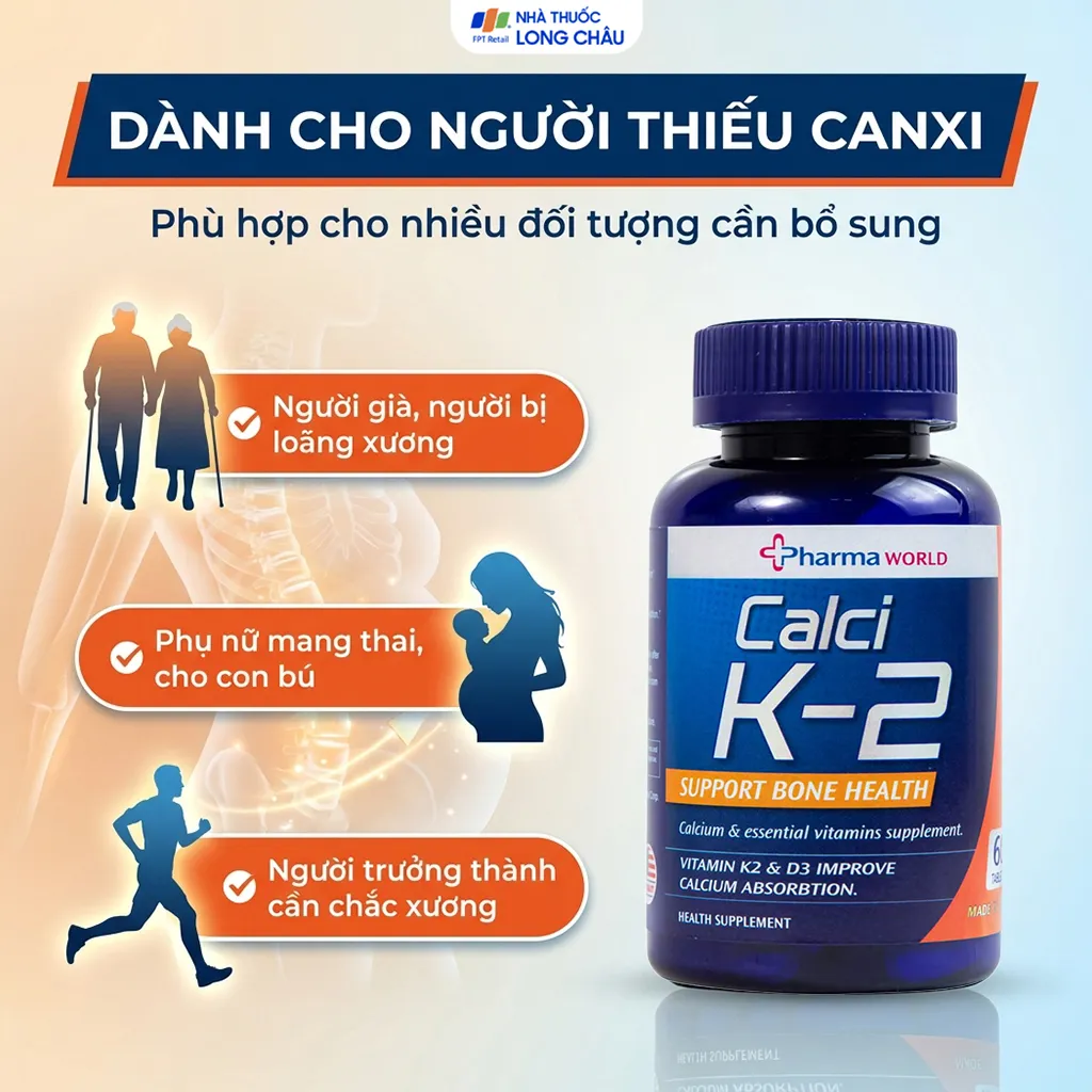 VIÊN UỐNG BỔ SUNG CANXI, GIẢM NGUY CƠ LOÃNG XƯƠNG PHARMA WORLD CALCI K-2 60V 4