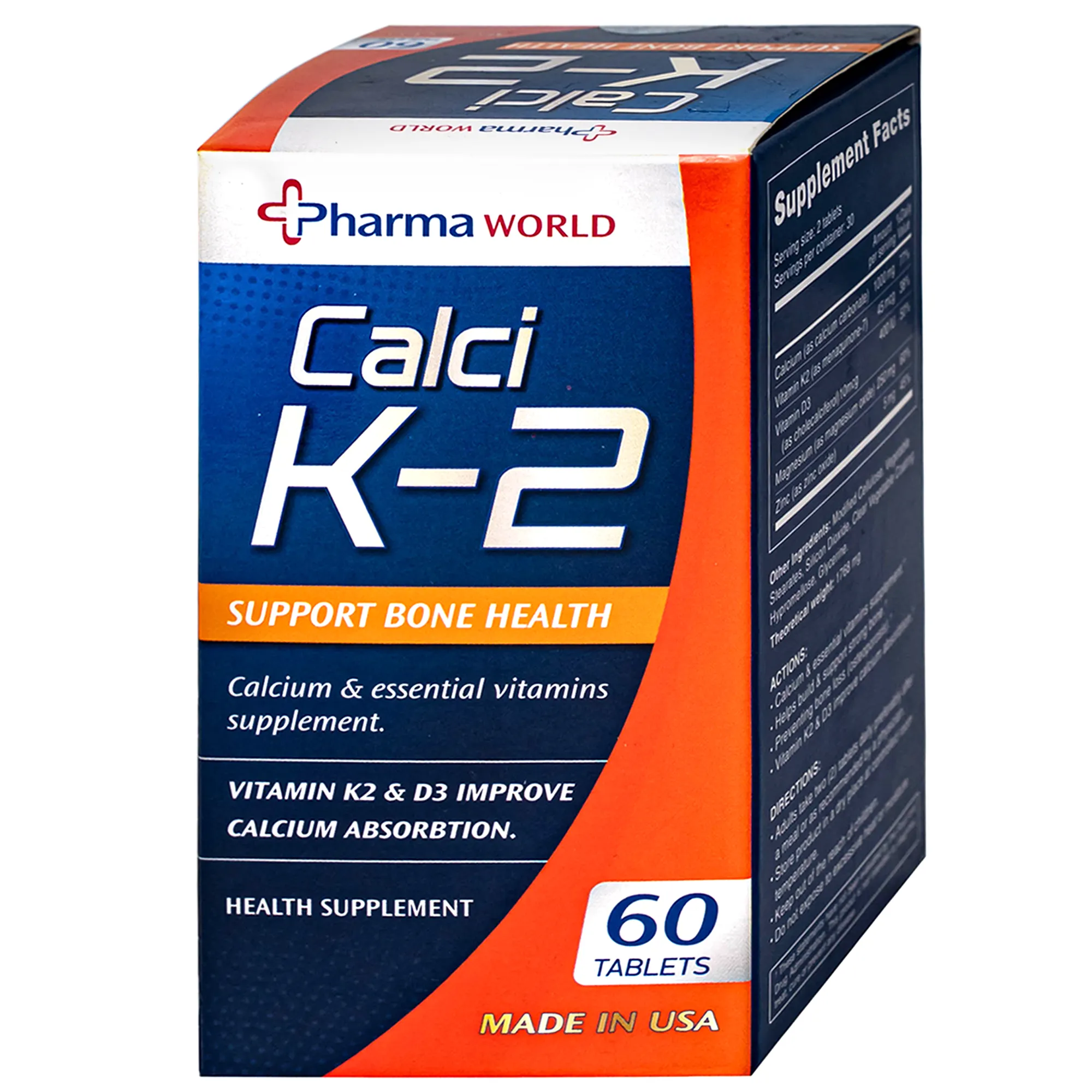 VIÊN UỐNG BỔ SUNG CANXI, GIẢM NGUY CƠ LOÃNG XƯƠNG PHARMA WORLD CALCI K-2 60V 7