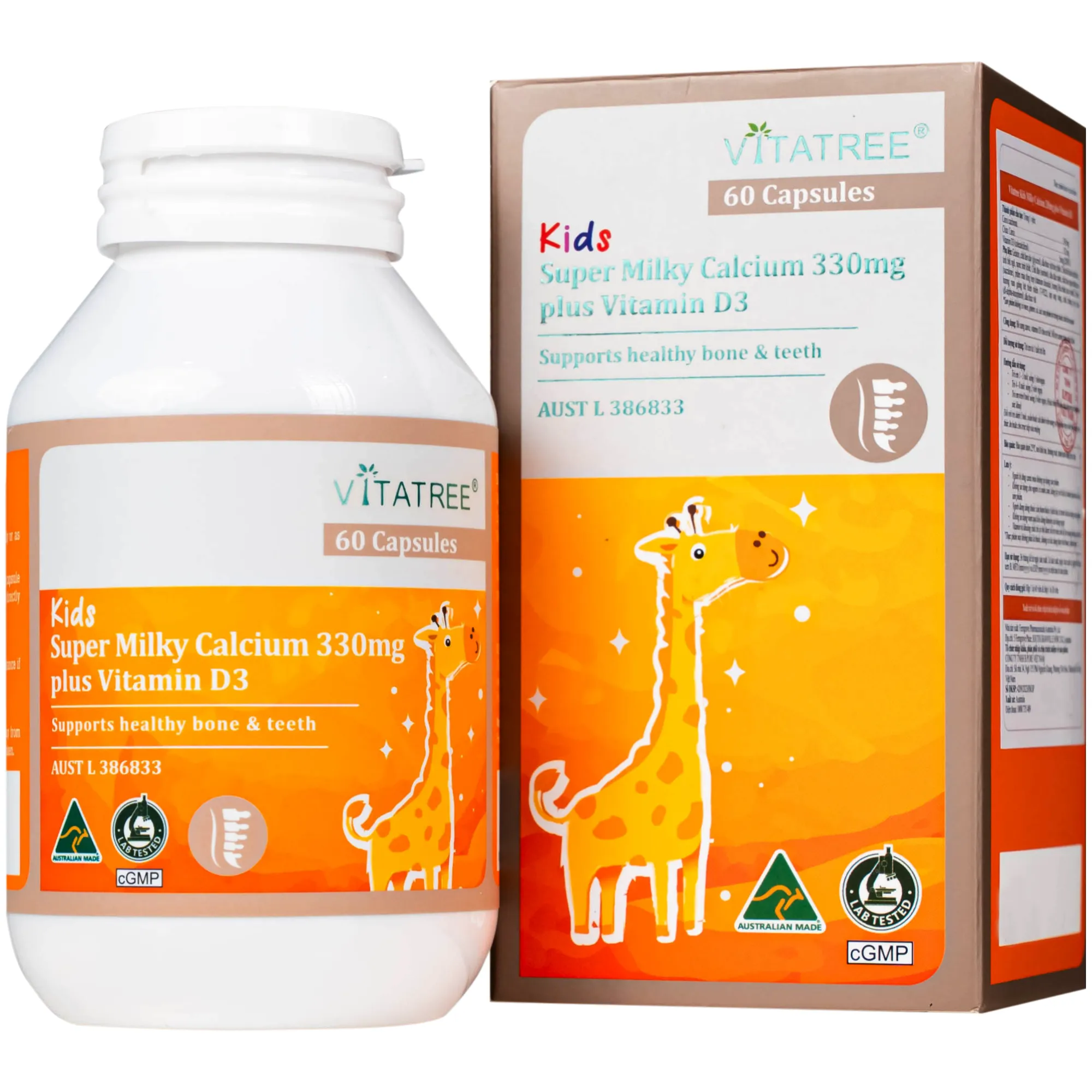 VIÊN UỐNG BỔ SUNG CANXI, VITAMIN D3, GIÚP XƯƠNG RĂNG CHẮC KHOẺ VITATREE KIDS SUPER MILKY CALCIUM 330MG PLUS VITAMIN D3 60V