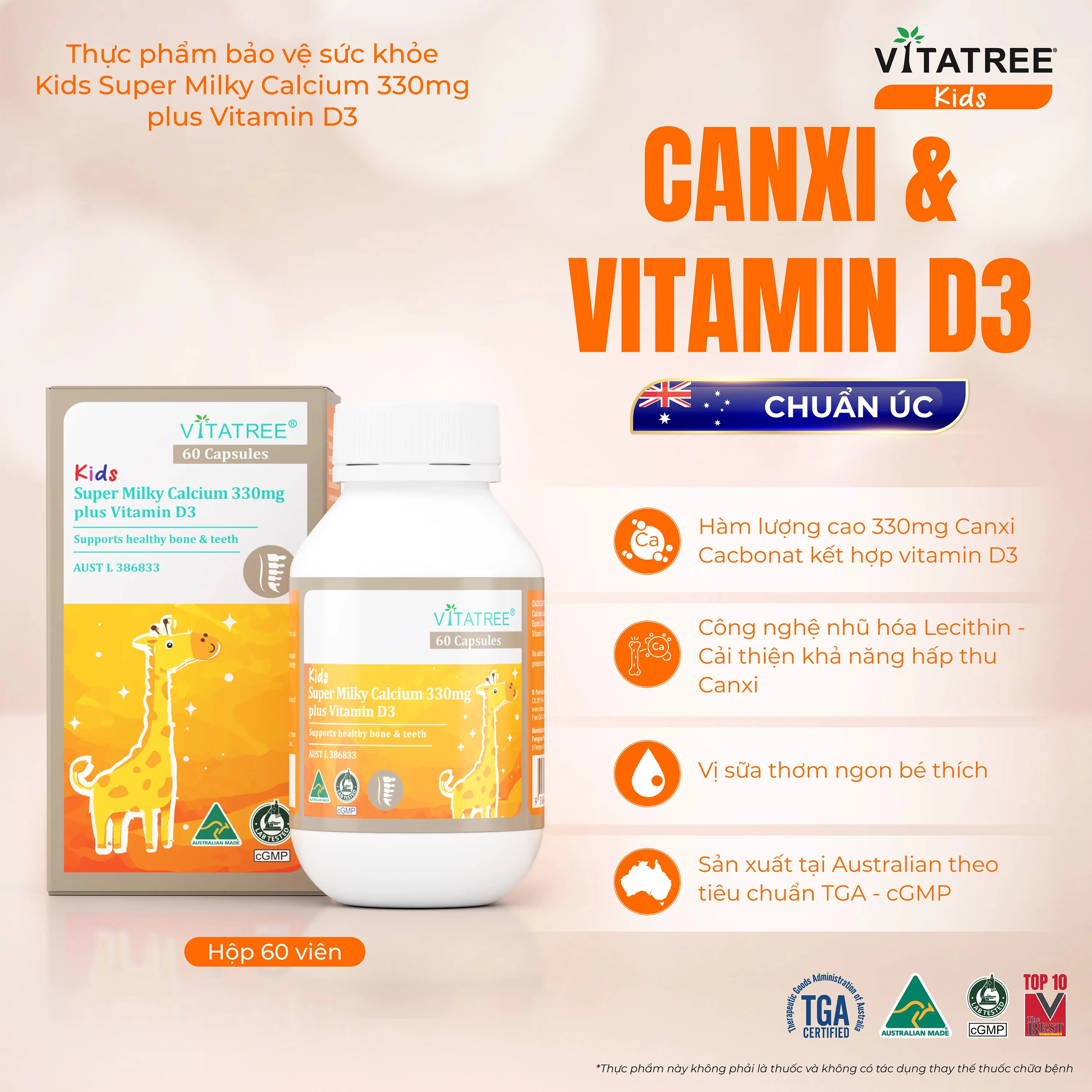 VIÊN UỐNG BỔ SUNG CANXI, VITAMIN D3, GIÚP XƯƠNG RĂNG CHẮC KHOẺ VITATREE KIDS SUPER MILKY CALCIUM 330MG PLUS VITAMIN D3 60V 2