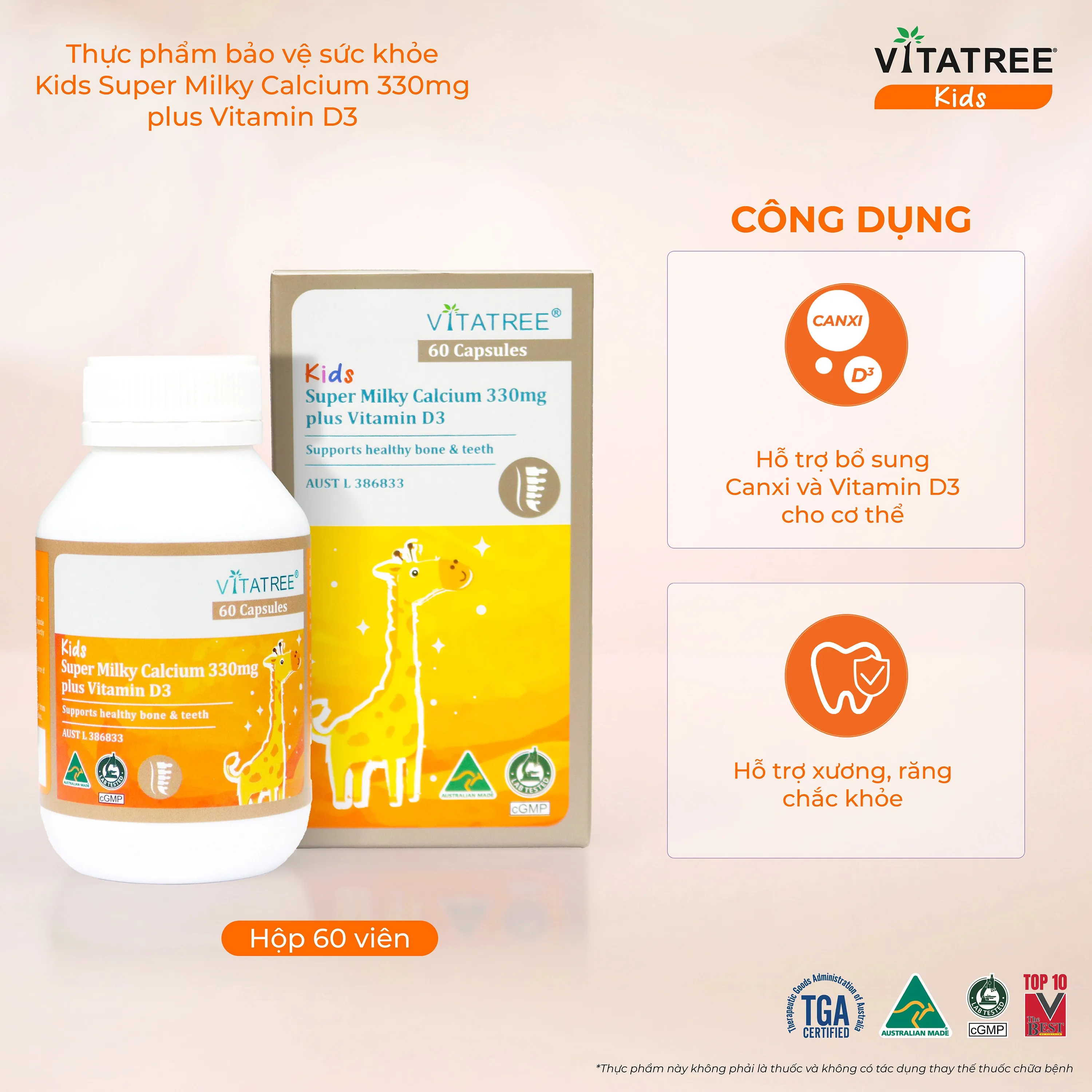VIÊN UỐNG BỔ SUNG CANXI, VITAMIN D3, GIÚP XƯƠNG RĂNG CHẮC KHOẺ VITATREE KIDS SUPER MILKY CALCIUM 330MG PLUS VITAMIN D3 60V 3