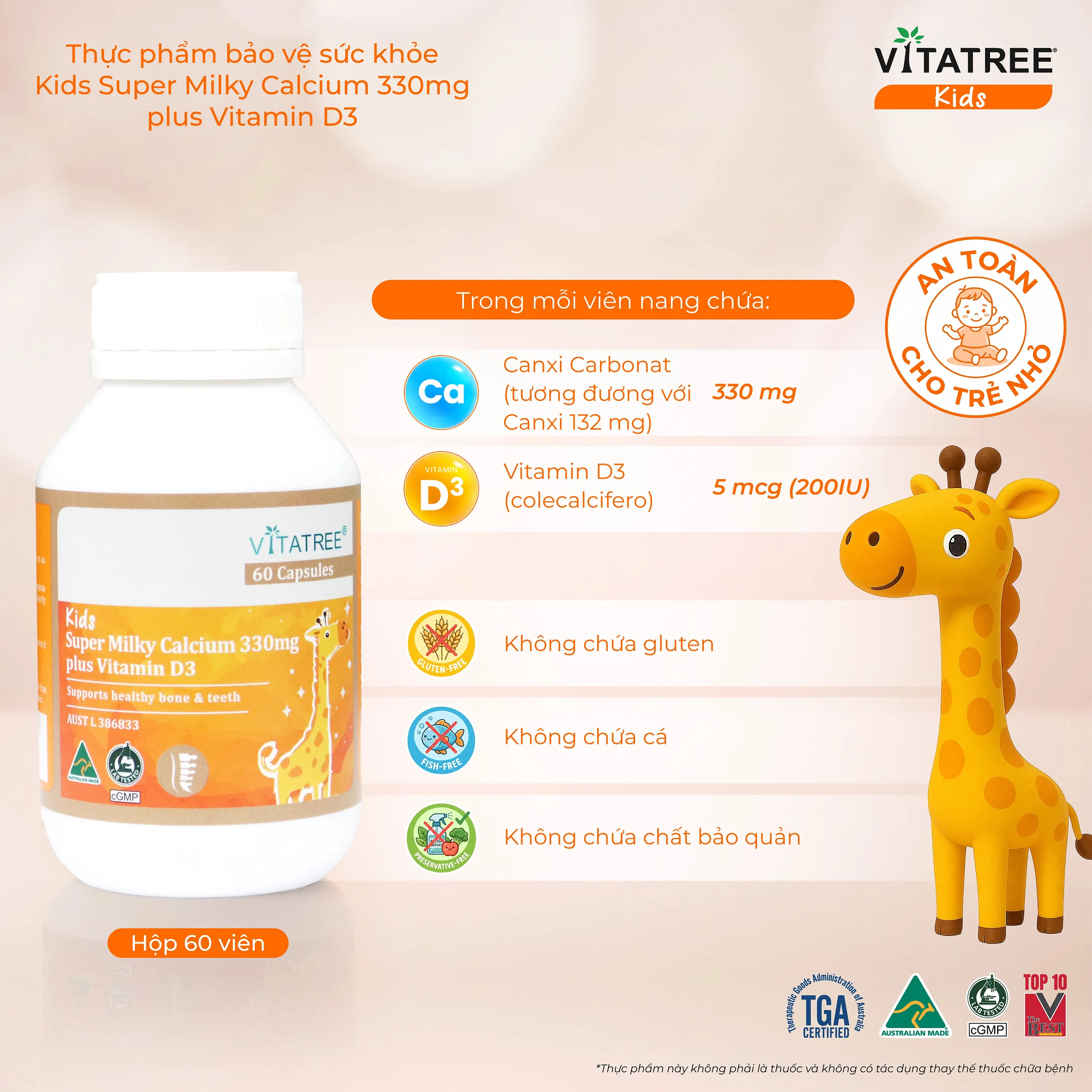 VIÊN UỐNG BỔ SUNG CANXI, VITAMIN D3, GIÚP XƯƠNG RĂNG CHẮC KHOẺ VITATREE KIDS SUPER MILKY CALCIUM 330MG PLUS VITAMIN D3 60V 4