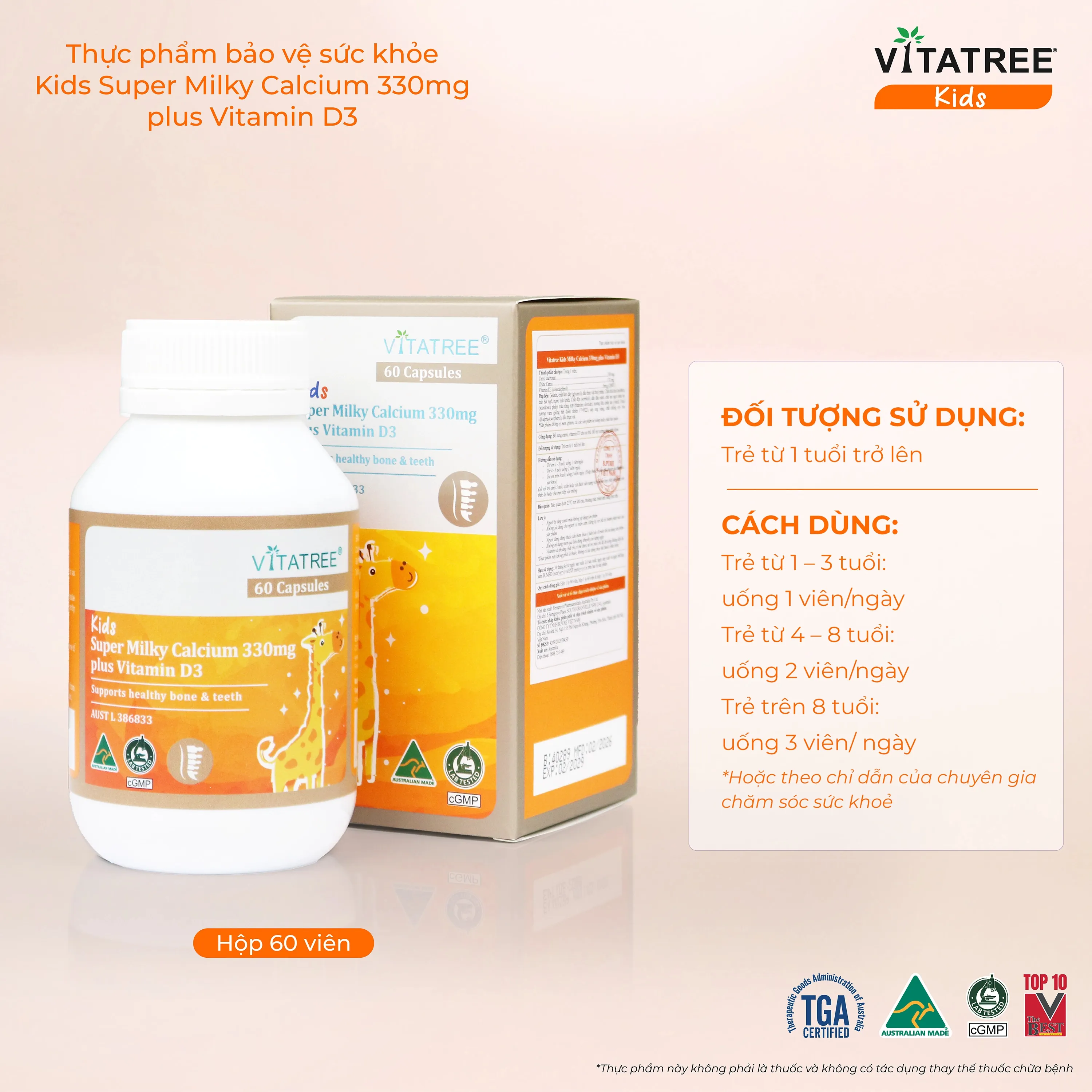VIÊN UỐNG BỔ SUNG CANXI, VITAMIN D3, GIÚP XƯƠNG RĂNG CHẮC KHOẺ VITATREE KIDS SUPER MILKY CALCIUM 330MG PLUS VITAMIN D3 60V 5