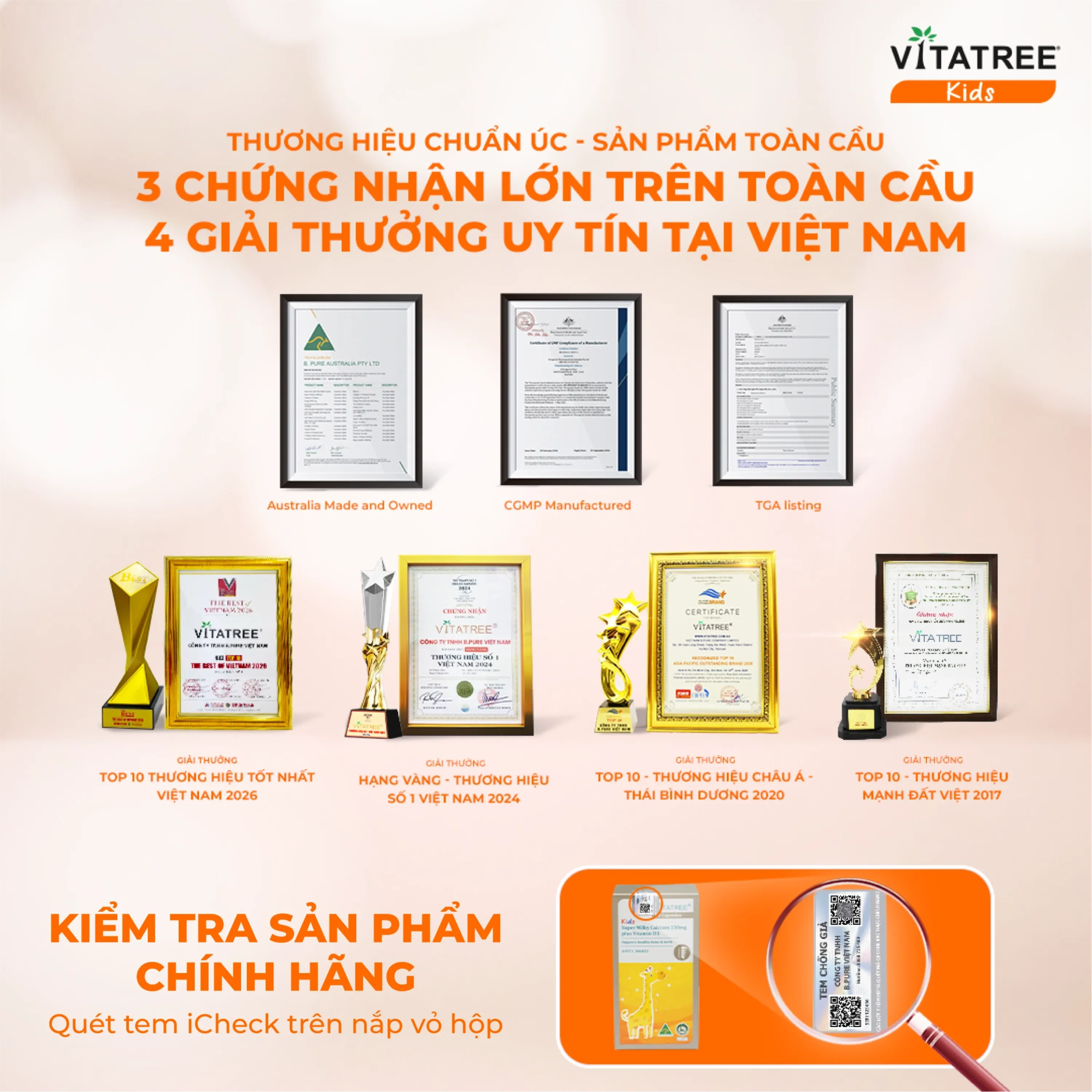 VIÊN UỐNG BỔ SUNG CANXI, VITAMIN D3, GIÚP XƯƠNG RĂNG CHẮC KHOẺ VITATREE KIDS SUPER MILKY CALCIUM 330MG PLUS VITAMIN D3 60V 6