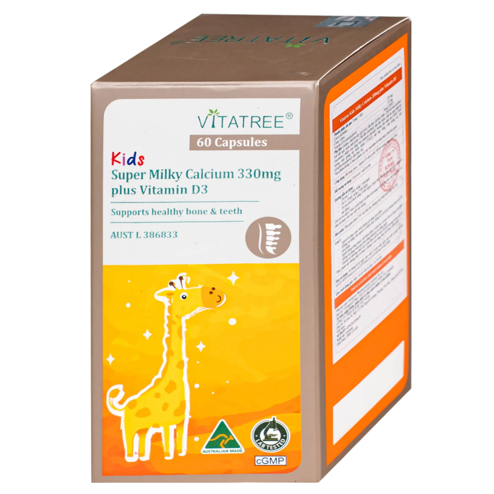 VIÊN UỐNG BỔ SUNG CANXI, VITAMIN D3, GIÚP XƯƠNG RĂNG CHẮC KHOẺ VITATREE KIDS SUPER MILKY CALCIUM 330MG PLUS VITAMIN D3 60V 7