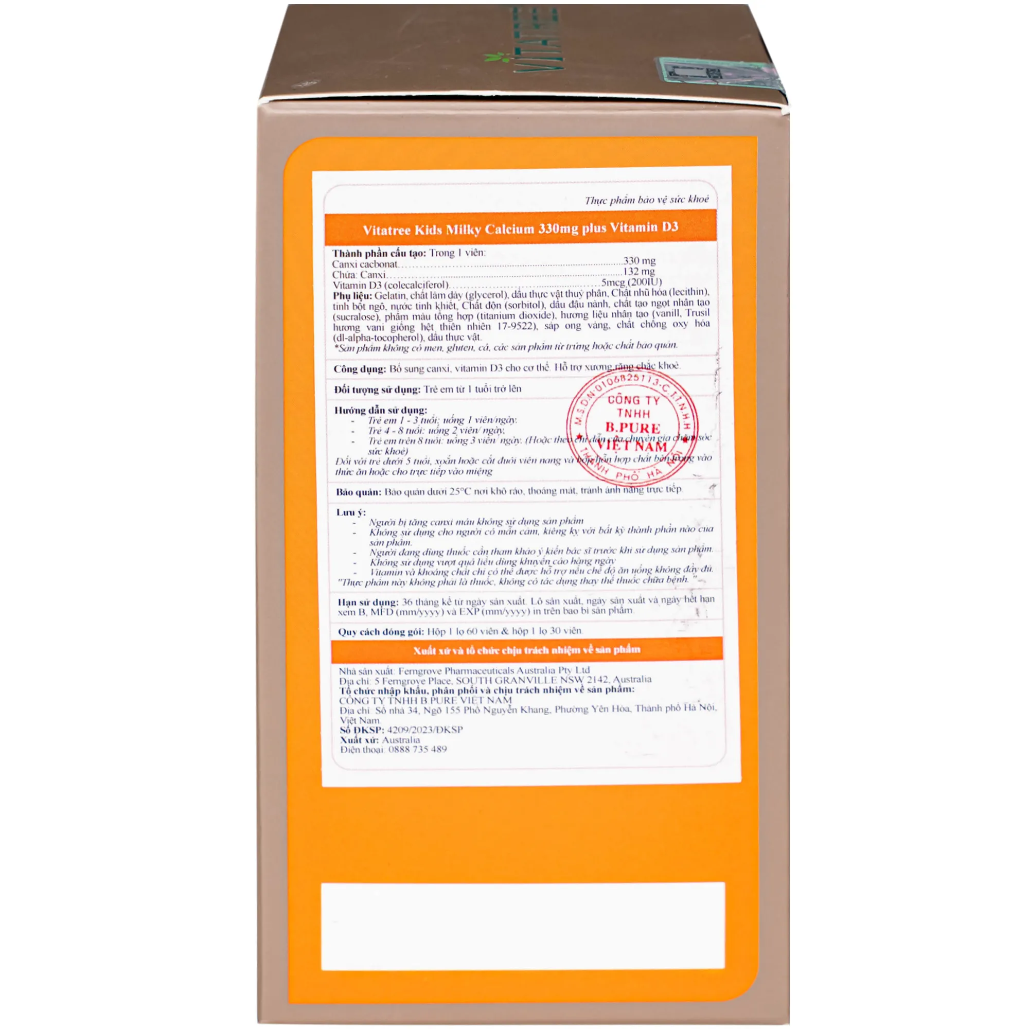 VIÊN UỐNG BỔ SUNG CANXI, VITAMIN D3, GIÚP XƯƠNG RĂNG CHẮC KHOẺ VITATREE KIDS SUPER MILKY CALCIUM 330MG PLUS VITAMIN D3 60V 9