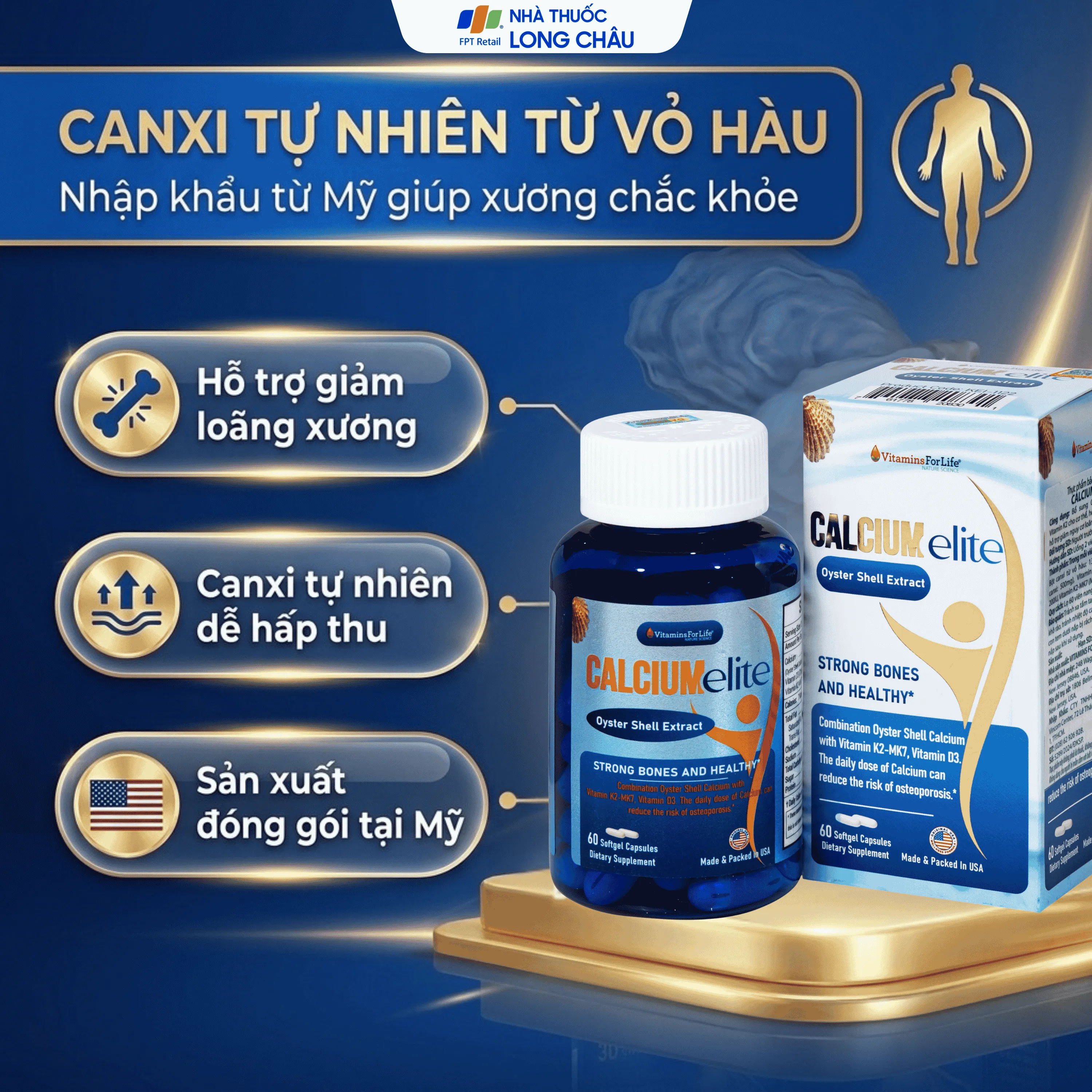 VIÊN UỐNG BỔ SUNG CANXI, VITAMIN D3 VÀ VITAMIN K2 CHO CƠ THỂ, HỖ TRỢ XƯƠNG CHẮC KHOẺ CALCIUMELITE VITAMINS FOR LIFE 60V 2