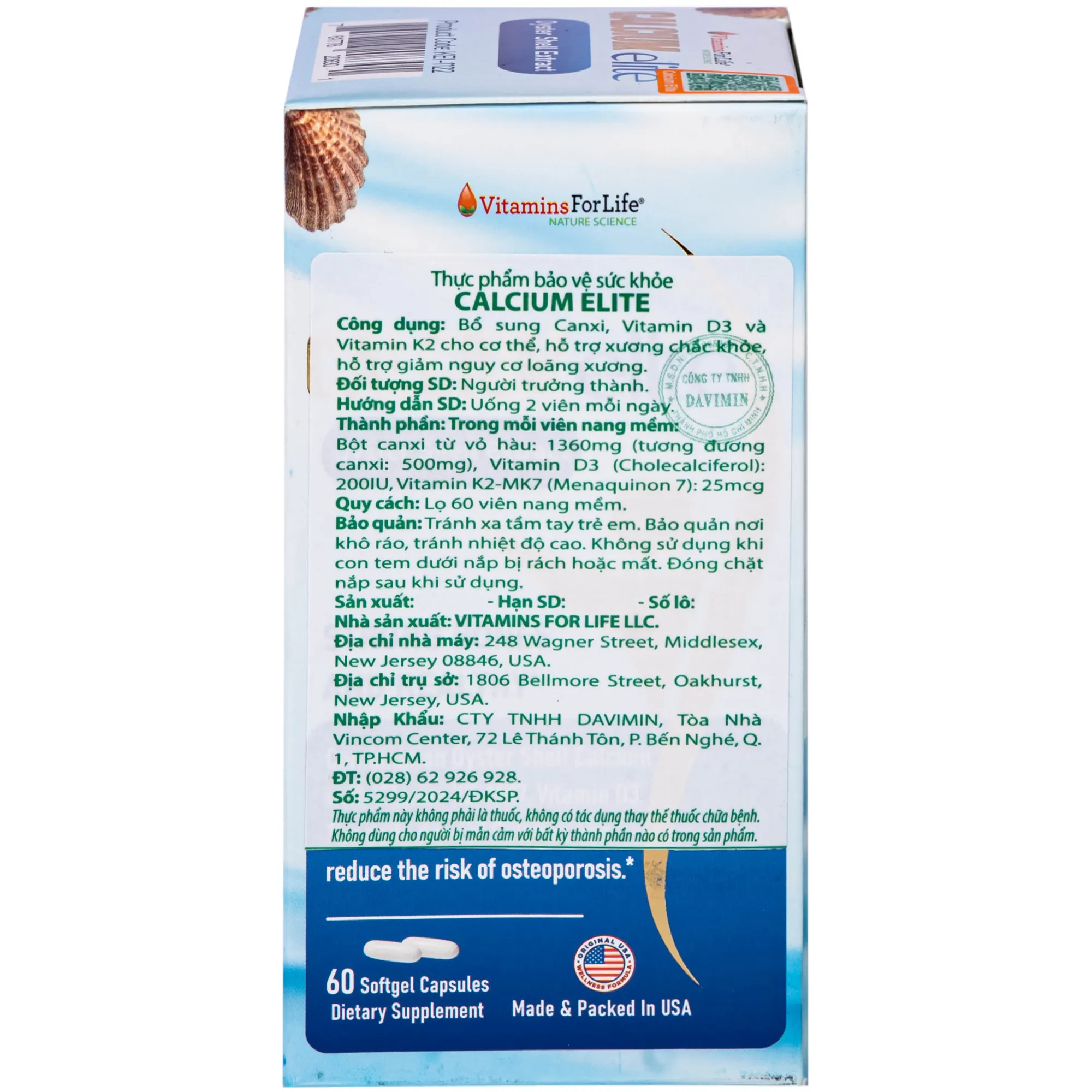 VIÊN UỐNG BỔ SUNG CANXI, VITAMIN D3 VÀ VITAMIN K2 CHO CƠ THỂ, HỖ TRỢ XƯƠNG CHẮC KHOẺ CALCIUMELITE VITAMINS FOR LIFE 60V 11