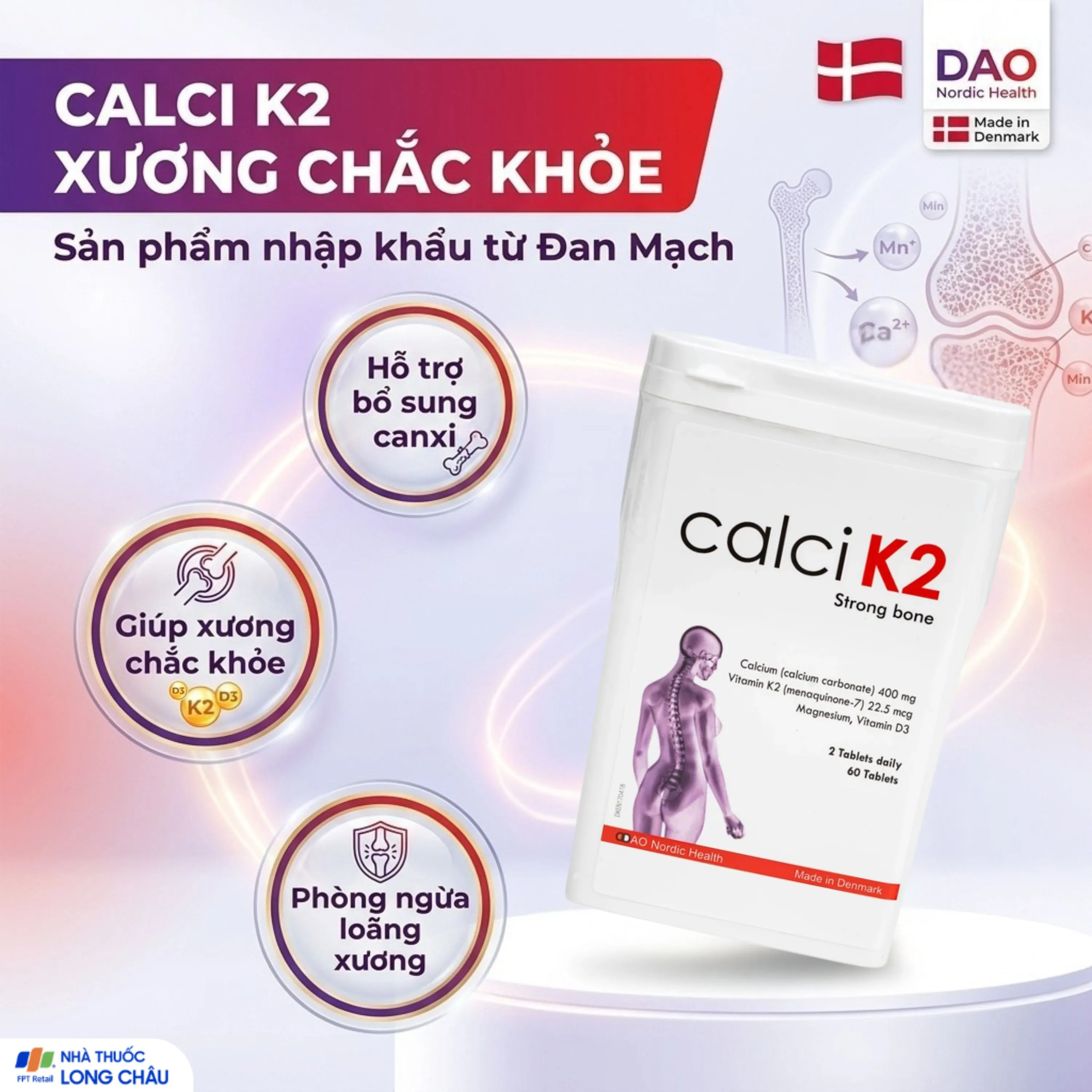 VIÊN UỐNG BỔ SUNG CANXI GIÚP XƯƠNG CHẮC KHỎE, PHÒNG NGỪA LOÃNG XƯƠNG CALCI K2 DAO NORDIC 60V 2