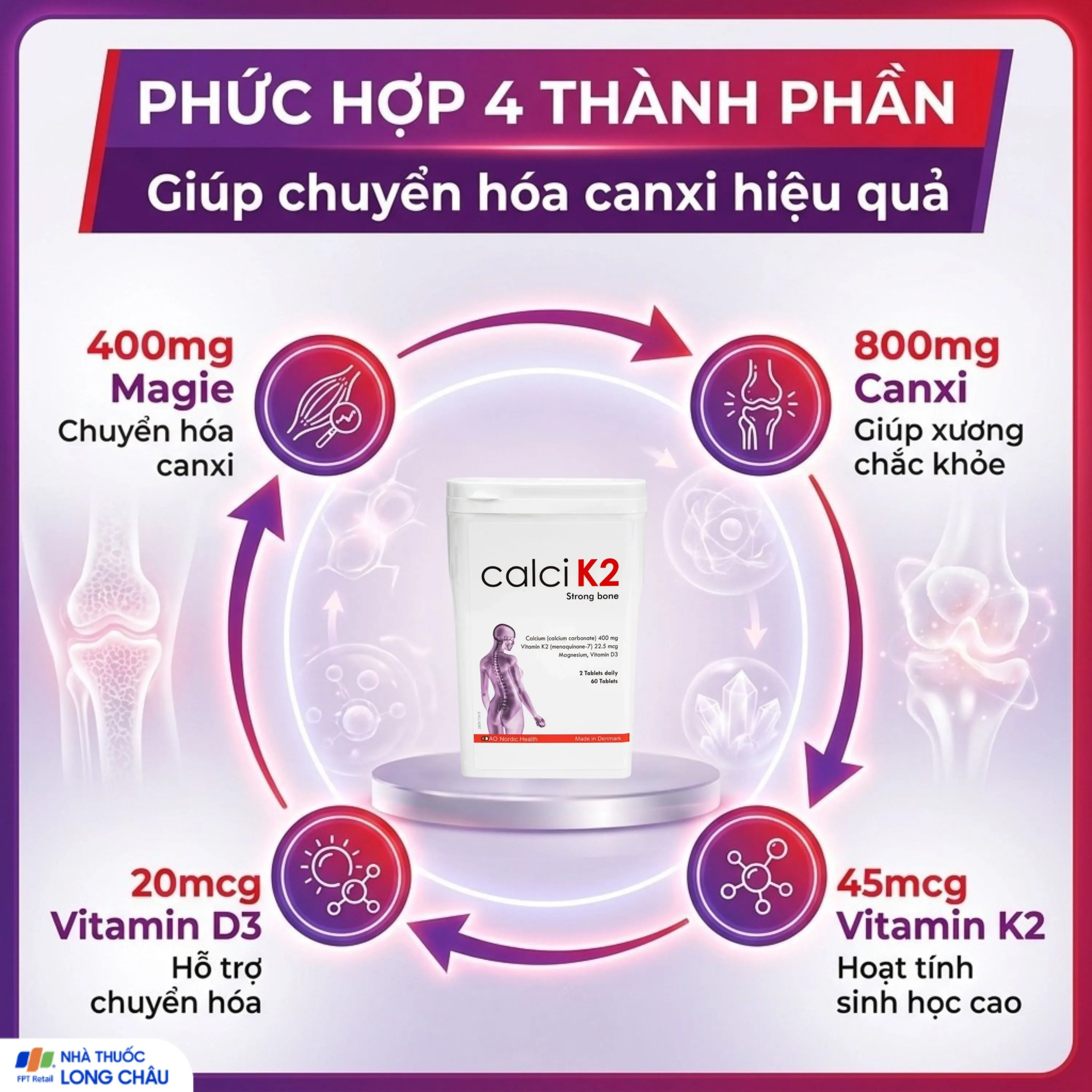 VIÊN UỐNG BỔ SUNG CANXI GIÚP XƯƠNG CHẮC KHỎE, PHÒNG NGỪA LOÃNG XƯƠNG CALCI K2 DAO NORDIC 60V 3