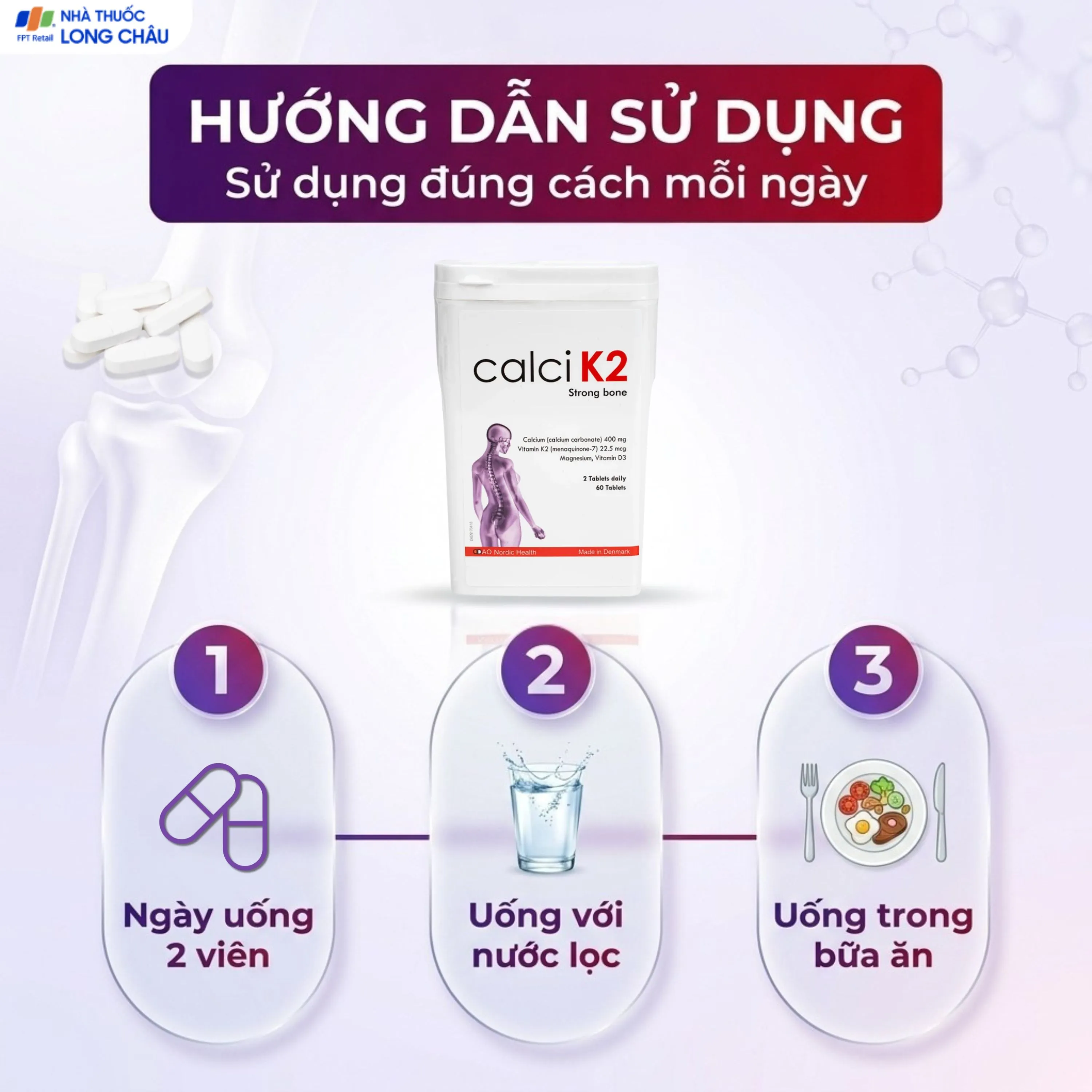 VIÊN UỐNG BỔ SUNG CANXI GIÚP XƯƠNG CHẮC KHỎE, PHÒNG NGỪA LOÃNG XƯƠNG CALCI K2 DAO NORDIC 60V 5