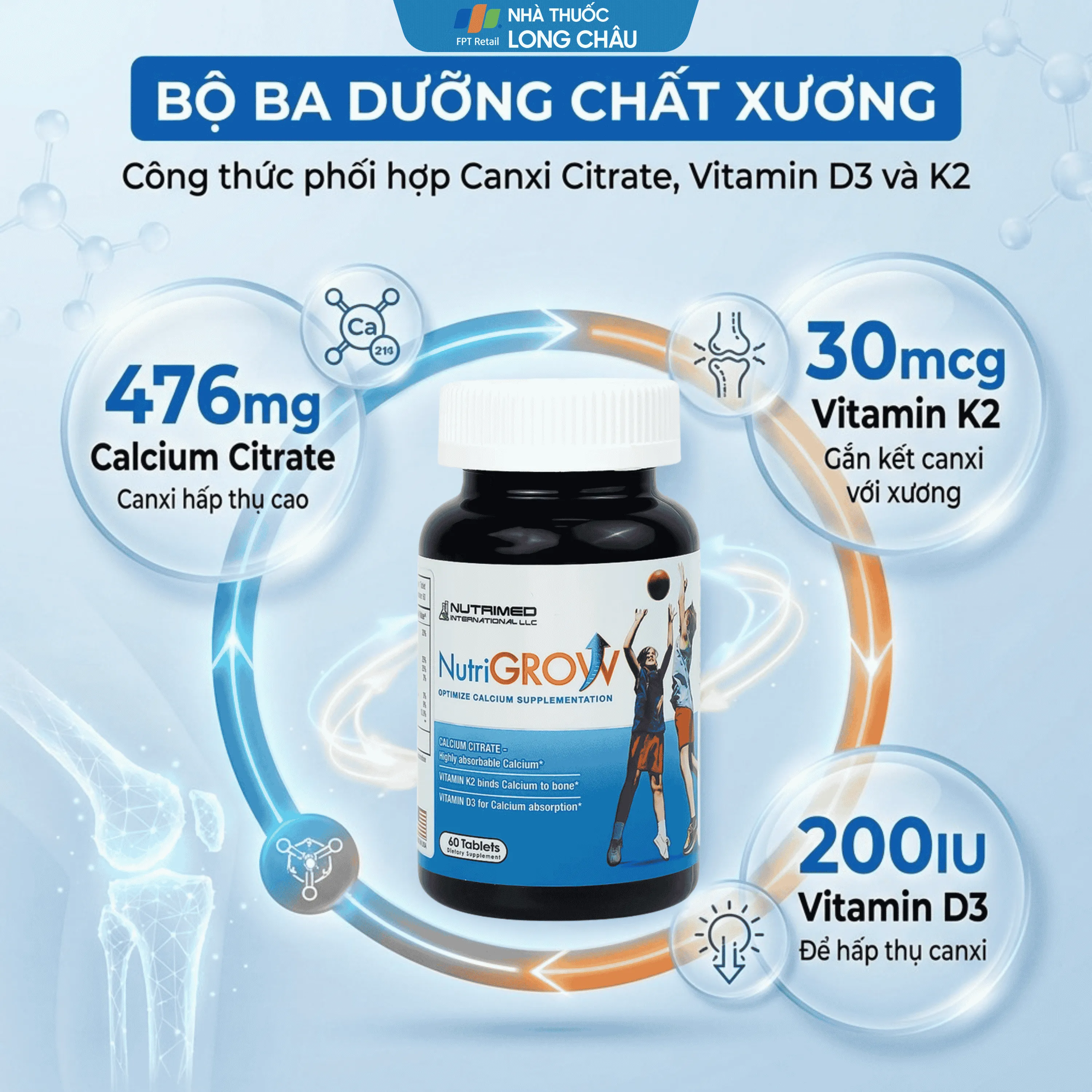 VIÊN UỐNG BỔ SUNG CANXI GIÚP XƯƠNG CHẮC KHỎE NUTRIGROW NUTRIMED 60V 3