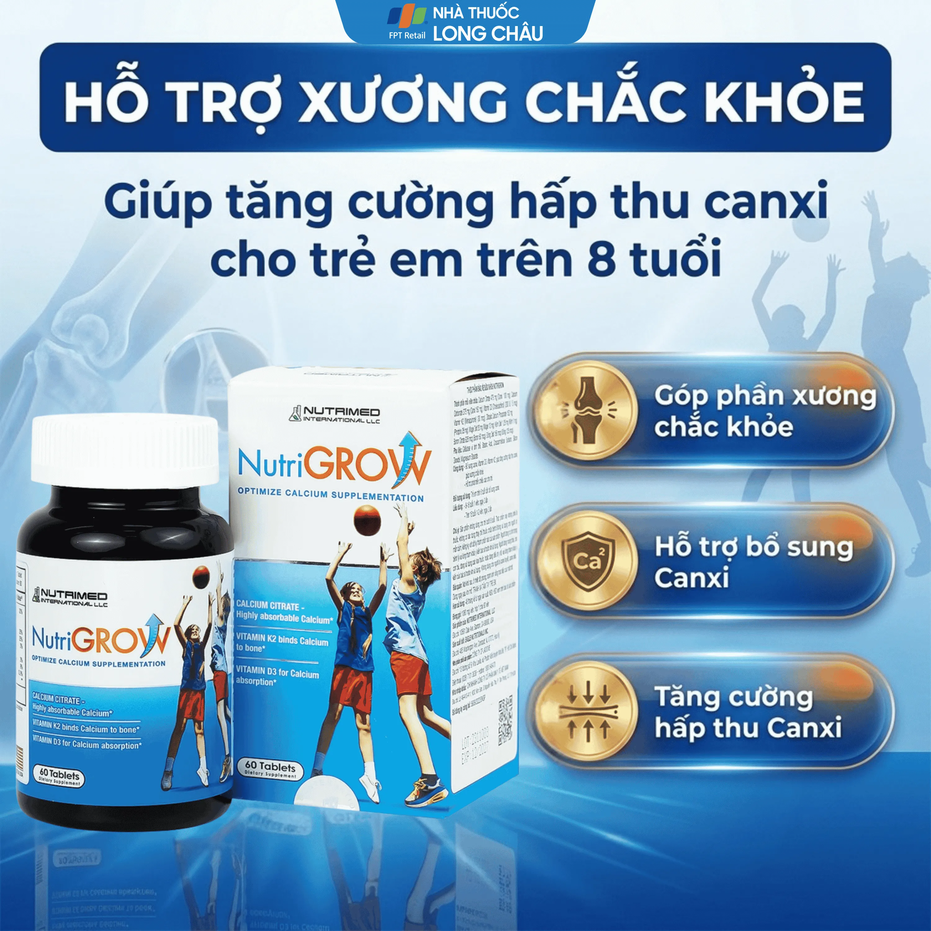 VIÊN UỐNG BỔ SUNG CANXI GIÚP XƯƠNG CHẮC KHỎE NUTRIGROW NUTRIMED 60V 4