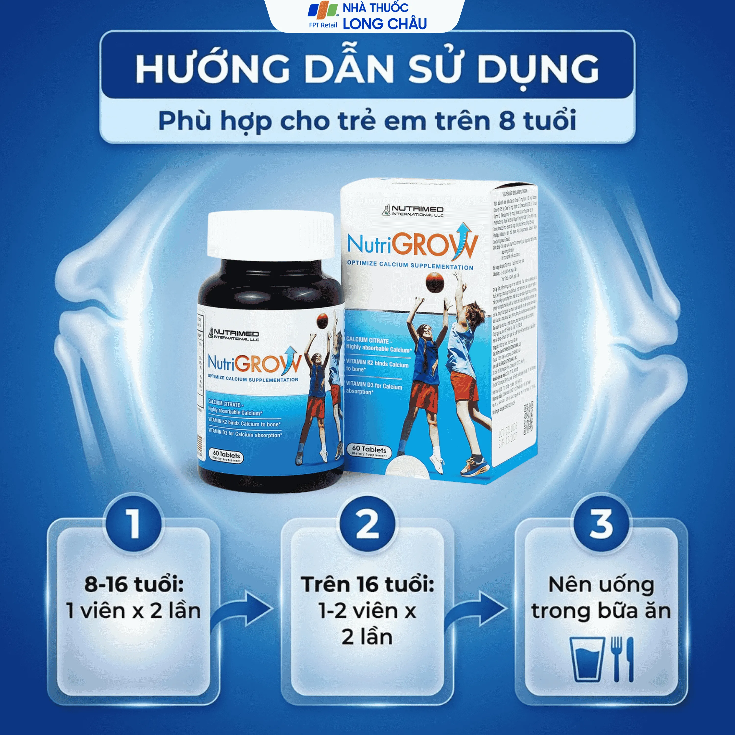 VIÊN UỐNG BỔ SUNG CANXI GIÚP XƯƠNG CHẮC KHỎE NUTRIGROW NUTRIMED 60V 5