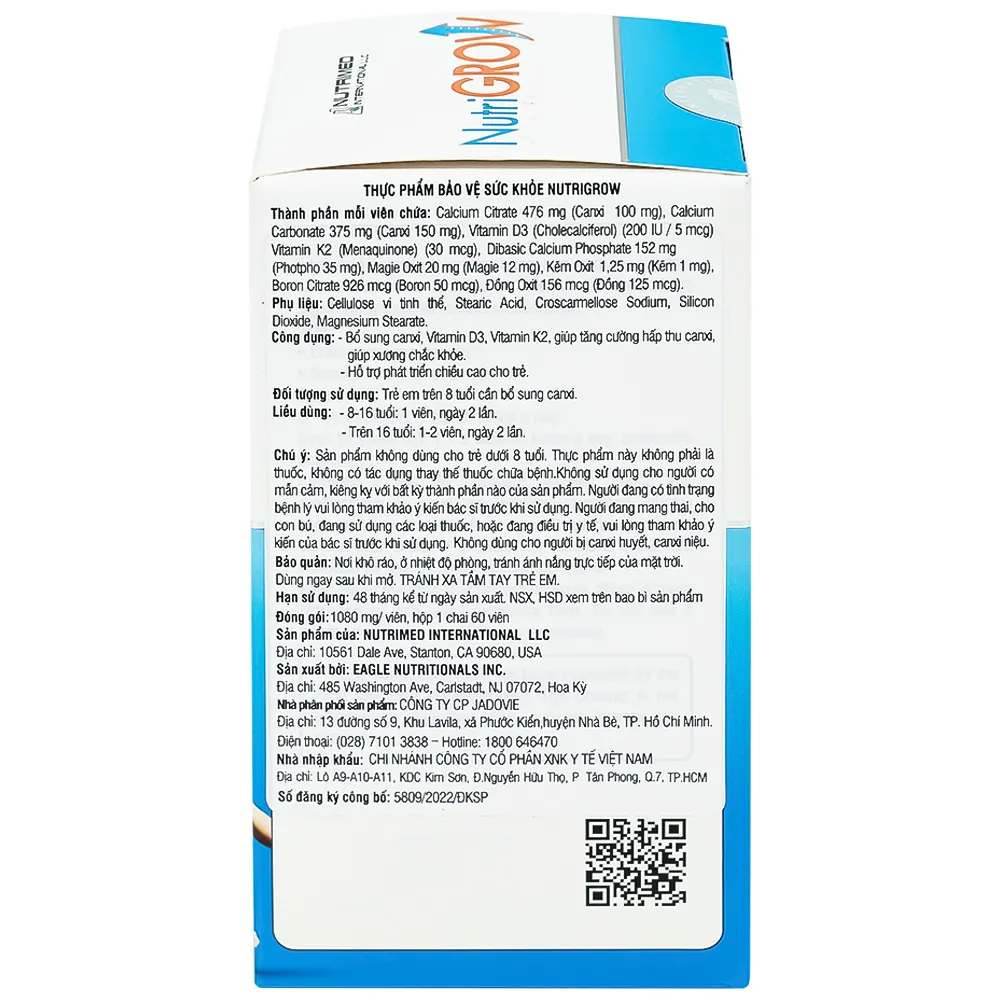 VIÊN UỐNG BỔ SUNG CANXI GIÚP XƯƠNG CHẮC KHỎE NUTRIGROW NUTRIMED 60V 10